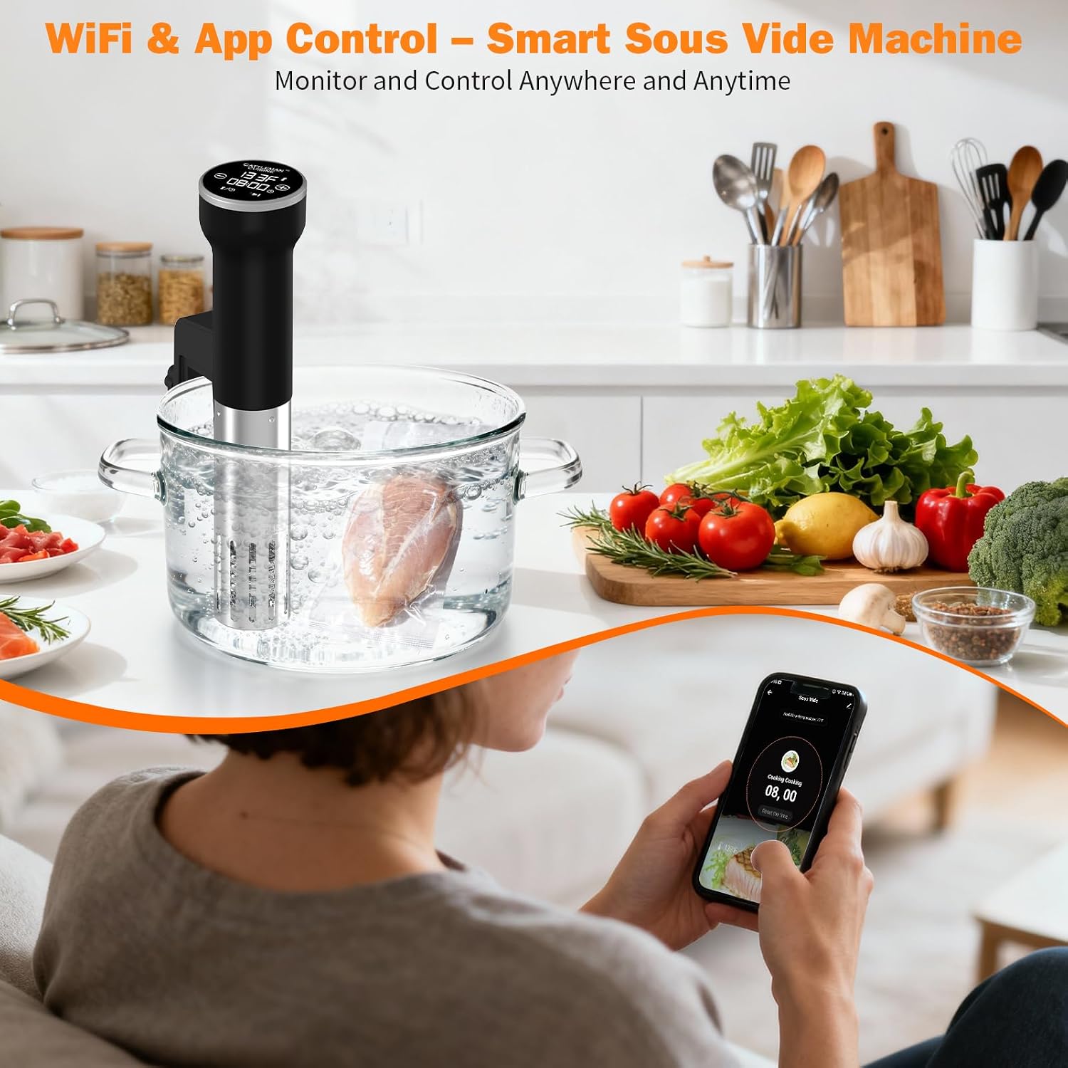 Sous Vide Machines Wi-Fi & 5 in 1 Smokeless Indoor Grill & Griddle with Meat Thermometer, PFAS Free Ceramic Nonstick
