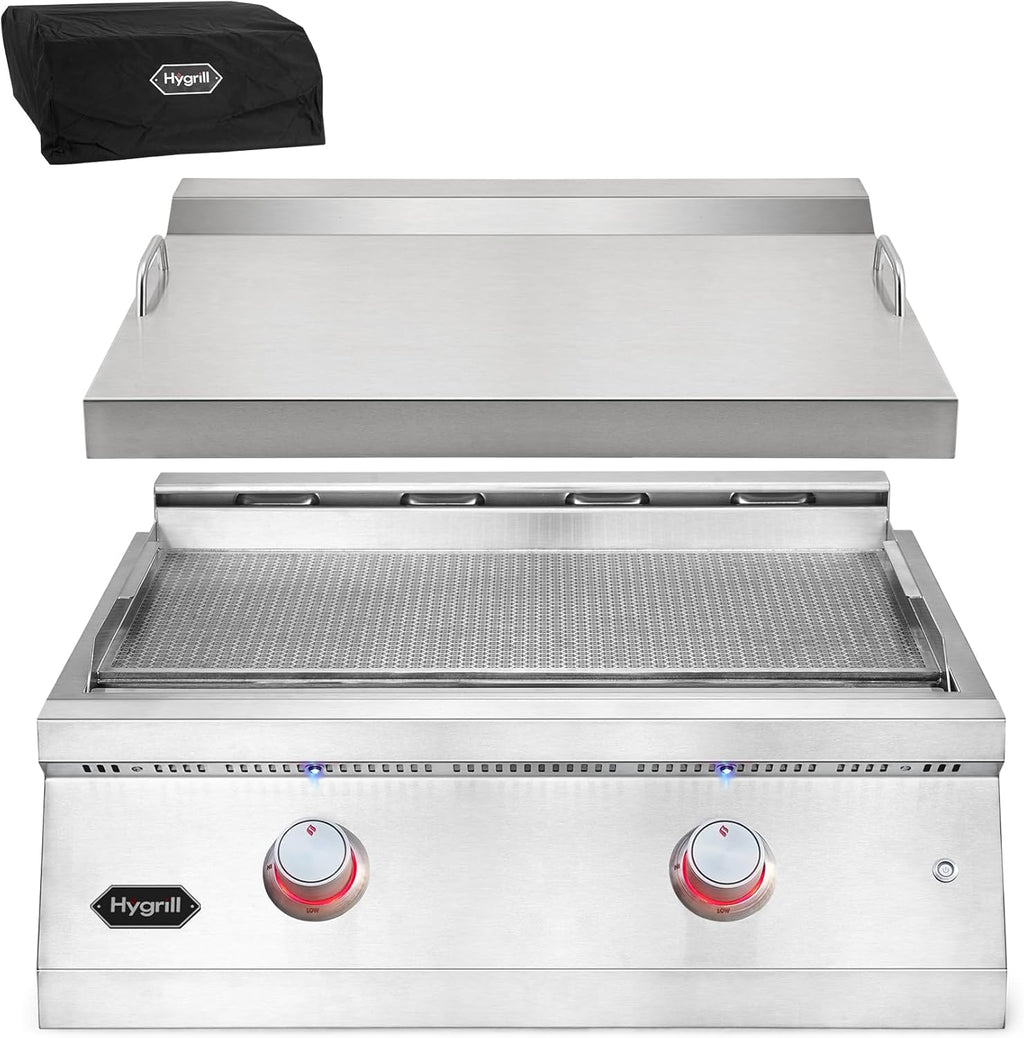 Hygrill 30-Inch Premium Built-In Natural Gas Griddle for Outdoor Kitchen, Durable 304 Stainless Steel 2-Burner Flat Top Grill with Lid and LED lights