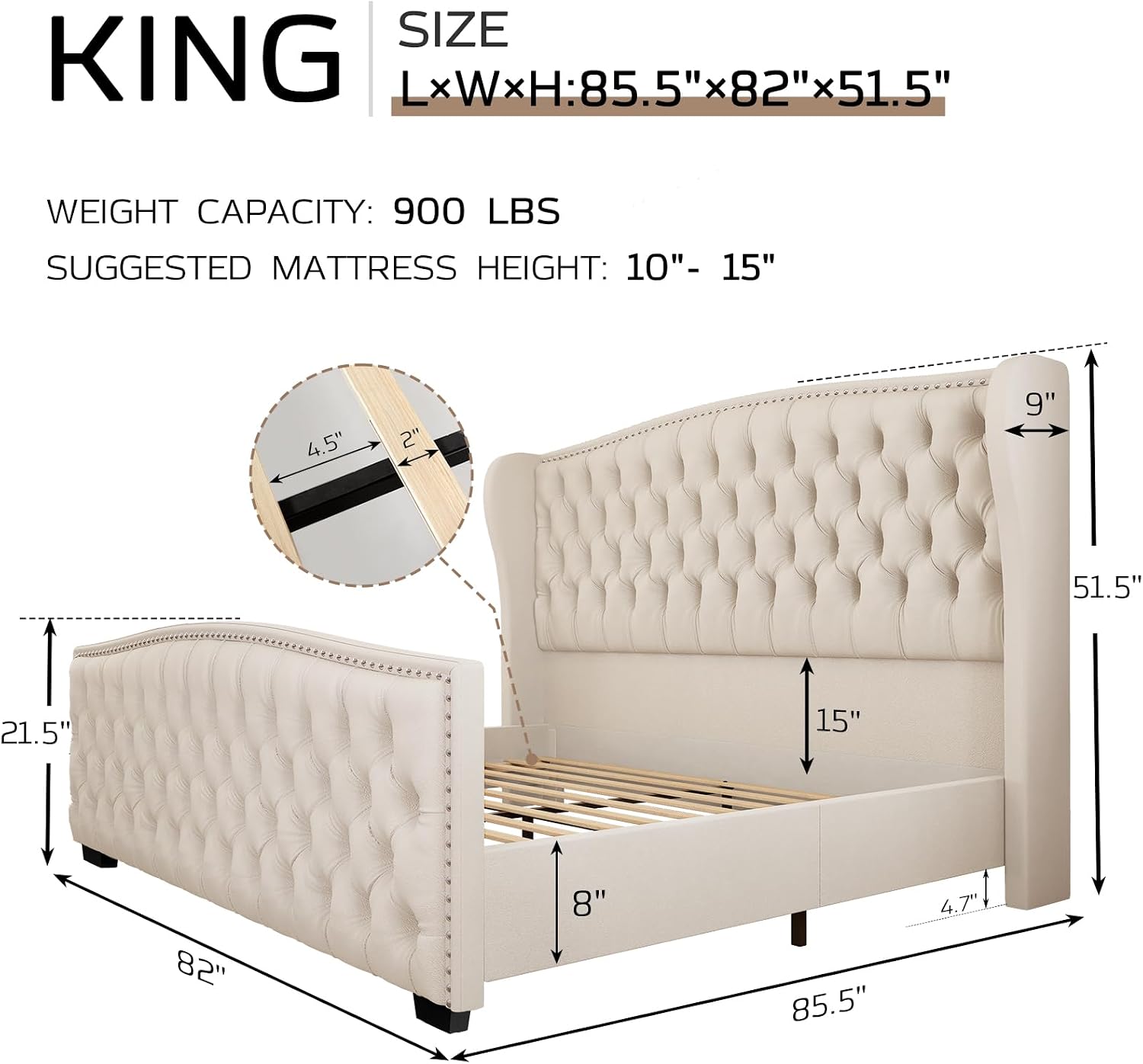 LUXOAK King Platform Bed Frame with Wingback Headboard, Velvet Upholstered Bed Frame with Handmade Button Tufted & Nailhead, Wooden Slats Support, Cream