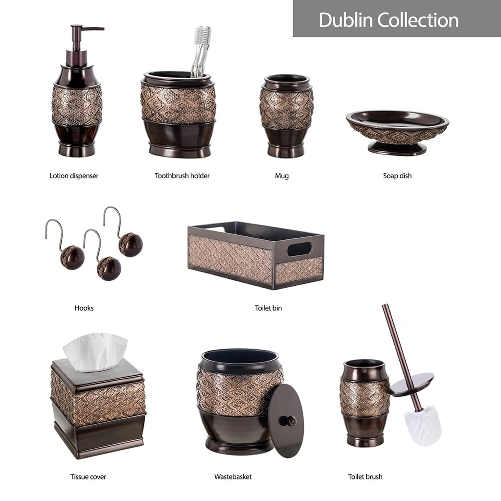 Creative Scents Dublin Brown Bathroom Accessories Set with Trash Can – 7-Piece Decorative Set: Wastebasket with Lid, Toilet Brush, Soap Dispenser, Tissue Cover, Soap Dish, Tumbler & Toothbrush Holder