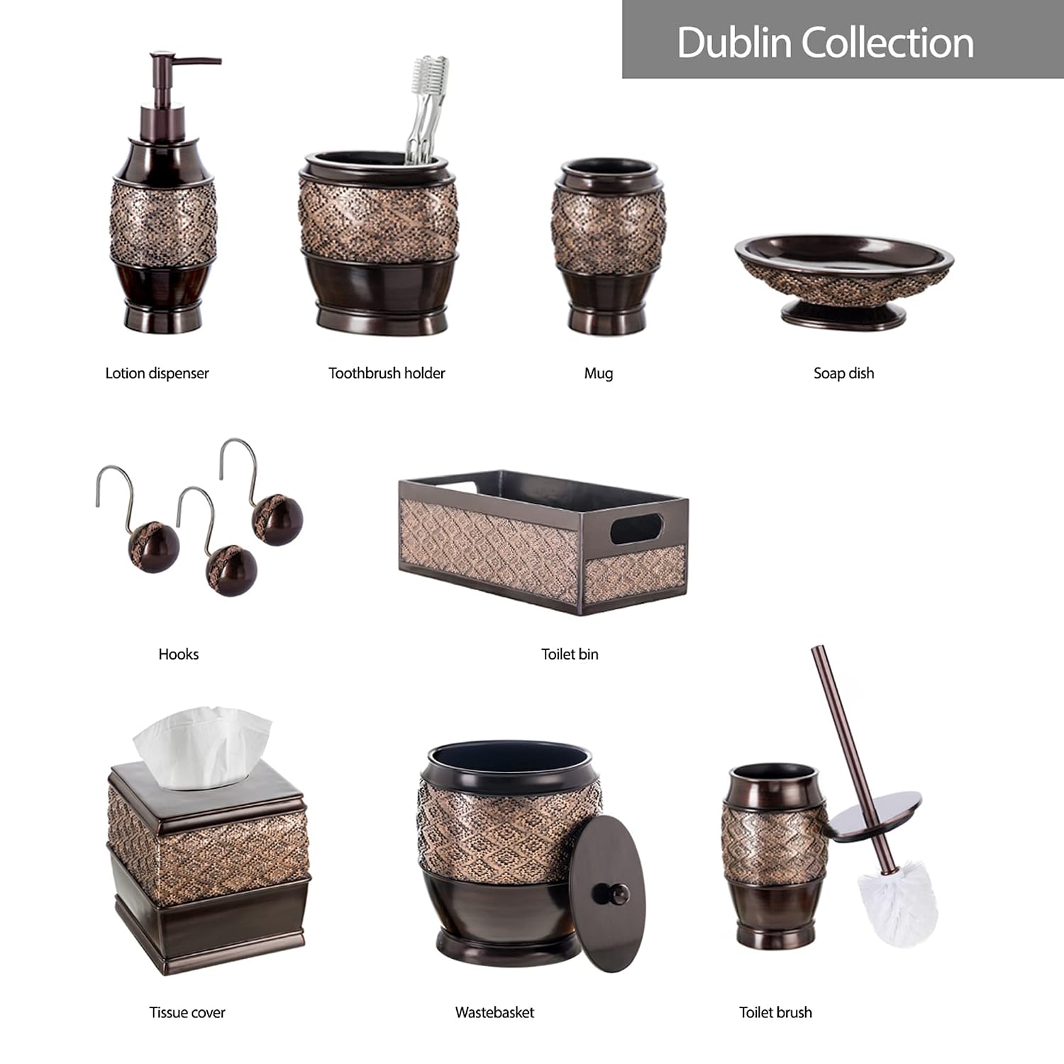 Creative Scents Dublin Brown Bathroom Accessories Set with Trash Can – 7-Piece Decorative Set: Wastebasket with Lid, Toilet Brush, Soap Dispenser, Tissue Cover, Soap Dish, Tumbler & Toothbrush Holder