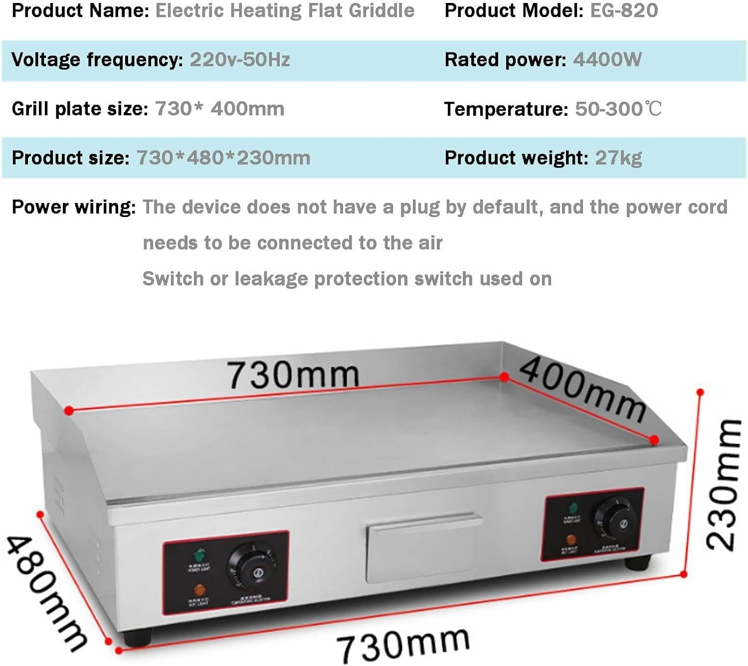 Commercial Electric Griddle Hot Cooking Plate, Commercial Stainless Steel Adjustable Countertop Hot Plate BBQ Grill, 220-240V 4400W Efficient (820)