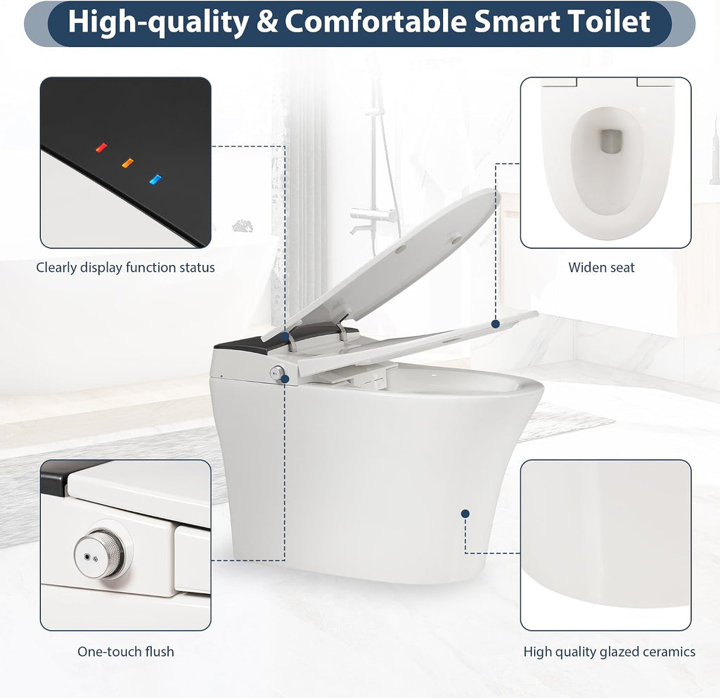 Smart Toilet with Heated Seat & Foot Sensor Flush, One Piece Tankless Toilet, Power Outage Flushing, Night Light, Soft Close Seat, 12' Rough-In, White Ceramic