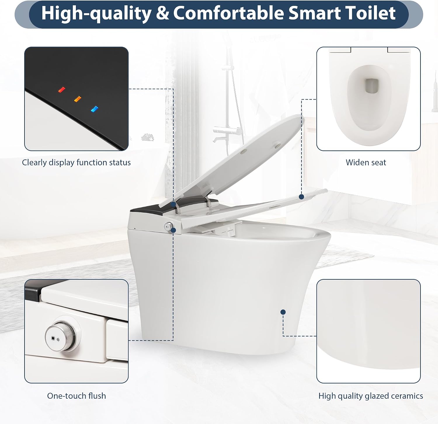 Smart Toilet with Heated Seat & Foot Sensor Flush, One Piece Tankless Toilet, Power Outage Flushing, Night Light, Soft Close Seat, 12' Rough-In, White Ceramic