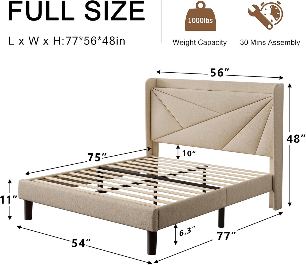 Einhomn Full Size Upholstered Bed Frame with Charging Station, Platform Bed Frame with Storage Headboard, Solid Wood Slats Support, No Box Spring Needed, Beige