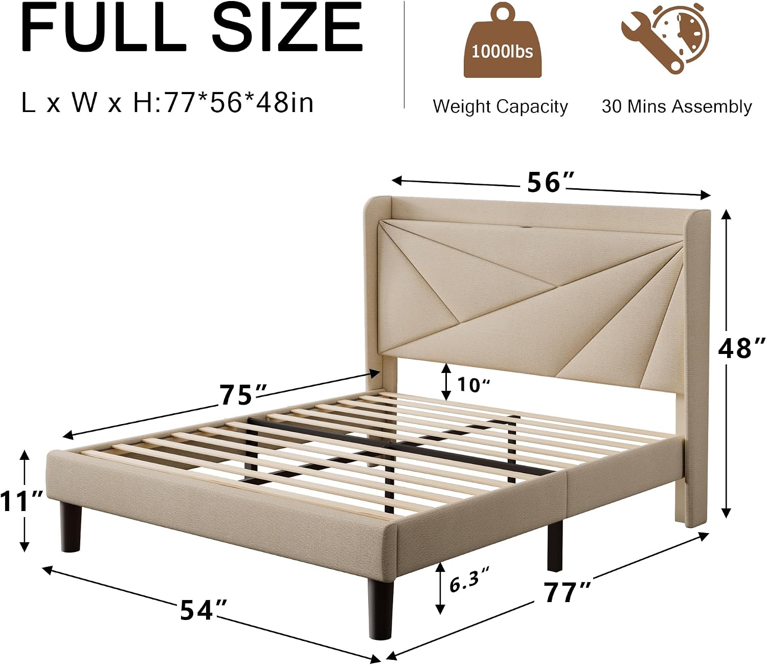 Einhomn Full Size Upholstered Bed Frame with Charging Station, Platform Bed Frame with Storage Headboard, Solid Wood Slats Support, No Box Spring Needed, Beige