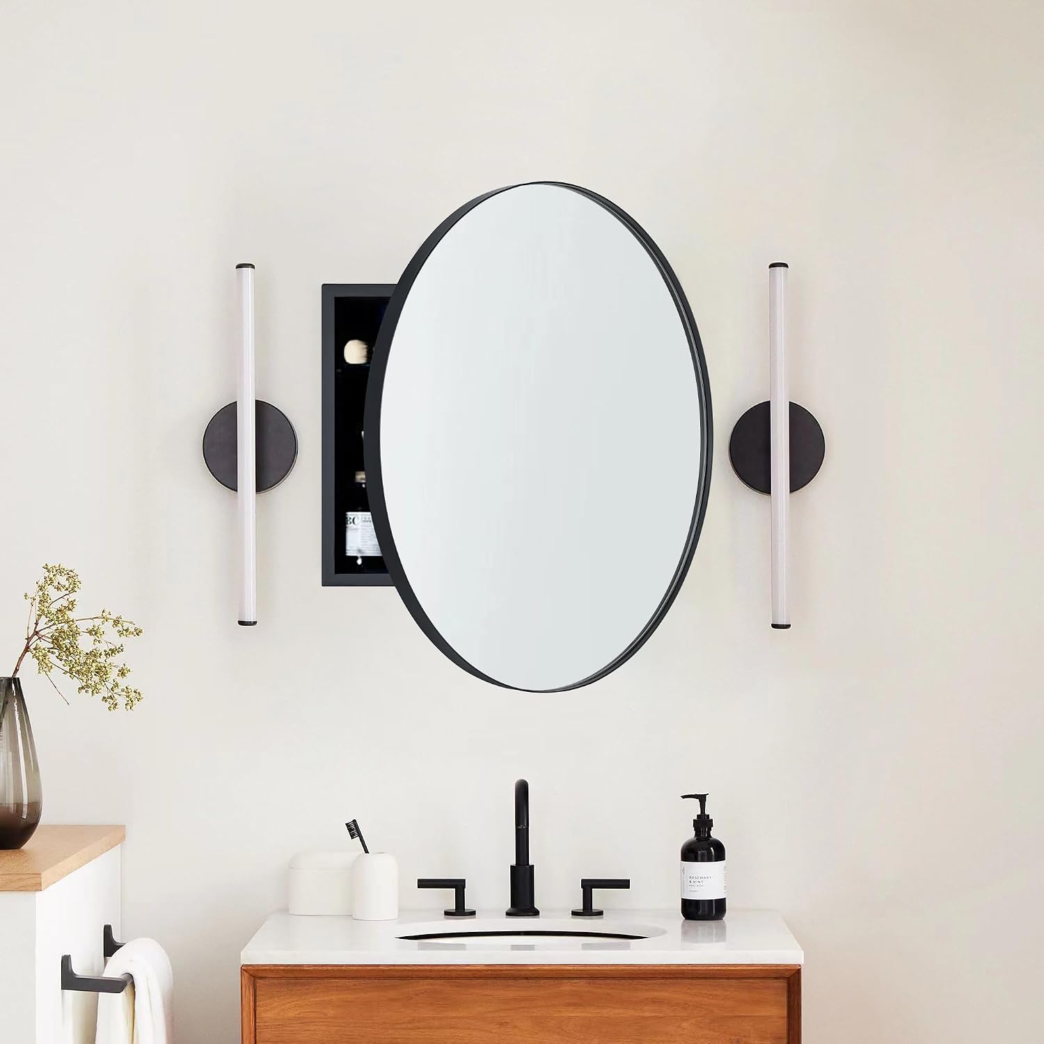 Surface Mount Black Round Circle Bathroom Medicine Cabinet with Mirror Circlular Shaped Stainless Steel Metal Framed Medicine Cabinets Bathroom Cabinet with Mirror 26'' Diameter