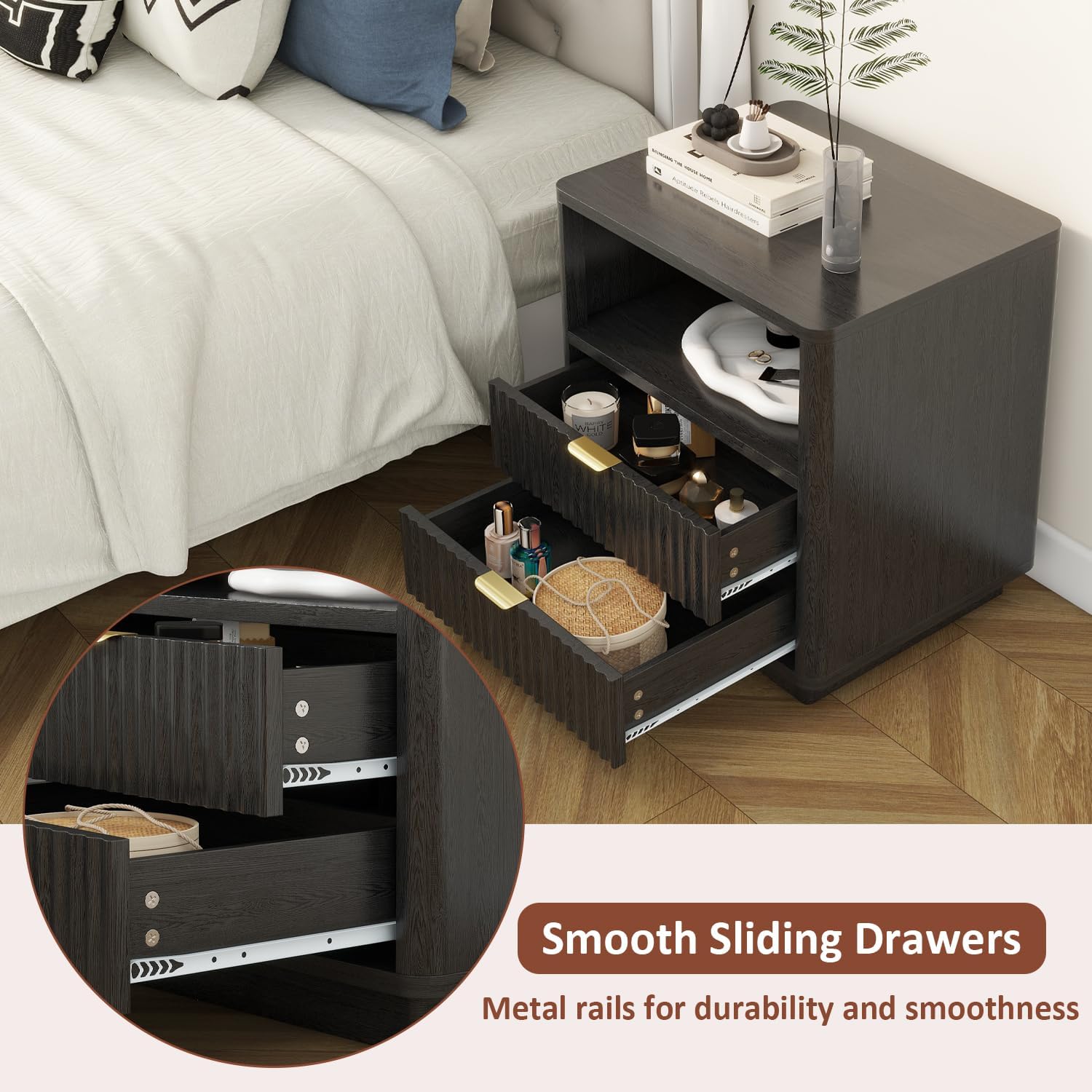 ROCSUMOO Black Nightstands Set of 2, Fluted Nightstands with 2 Drawers and Open Shelves, Large Wooden Night Stands Modern Design Night Stand for Bedroom Sofa Office (2, Black)