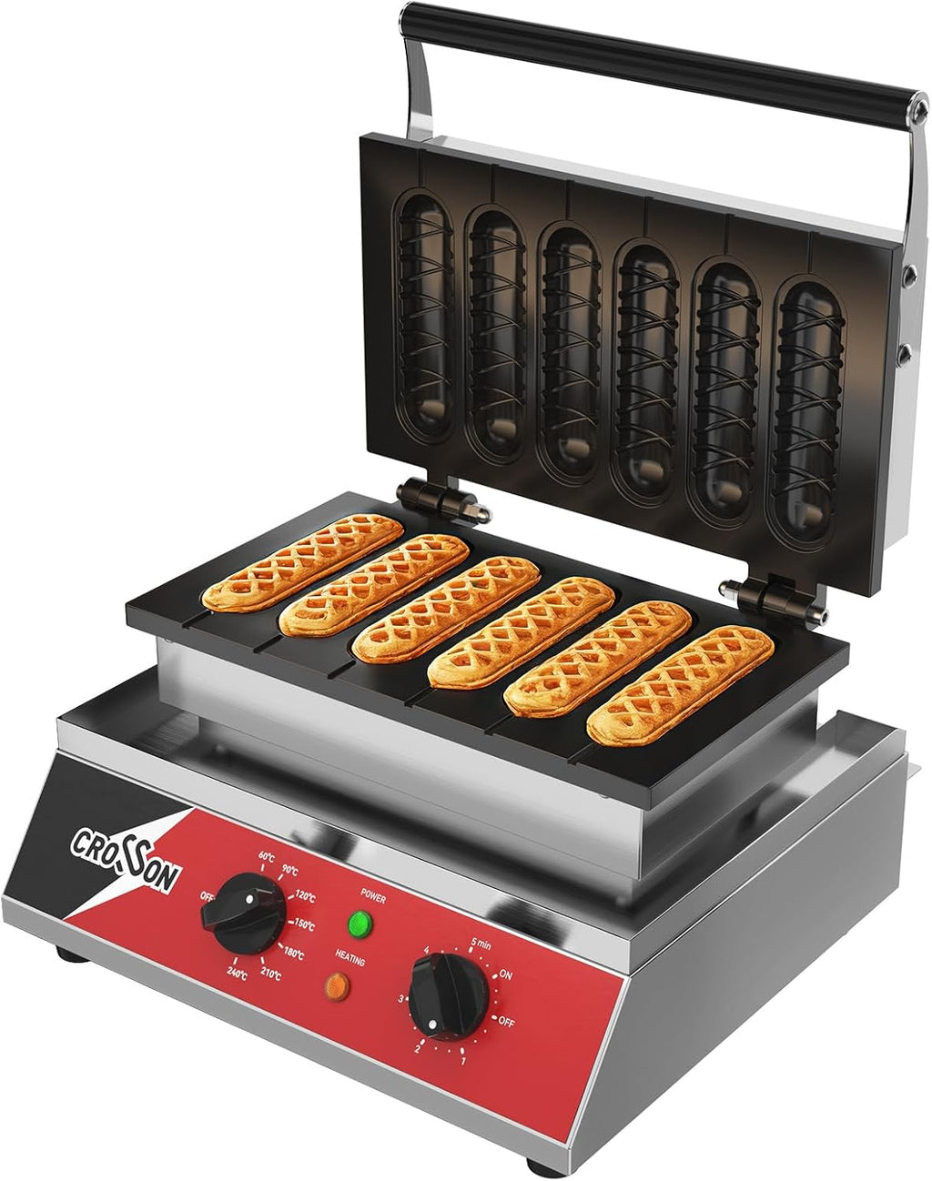 CROSSON Commercial 6PCS Waffle Stick Maker, Non-Stick Triple-Layer Coating Corn Hot Dog Waffle Iron W/ 140-480℉ Temp Range and 5 Minutes Timer, Machine for Restaurant Bakery Snack Bar-120V/1600W