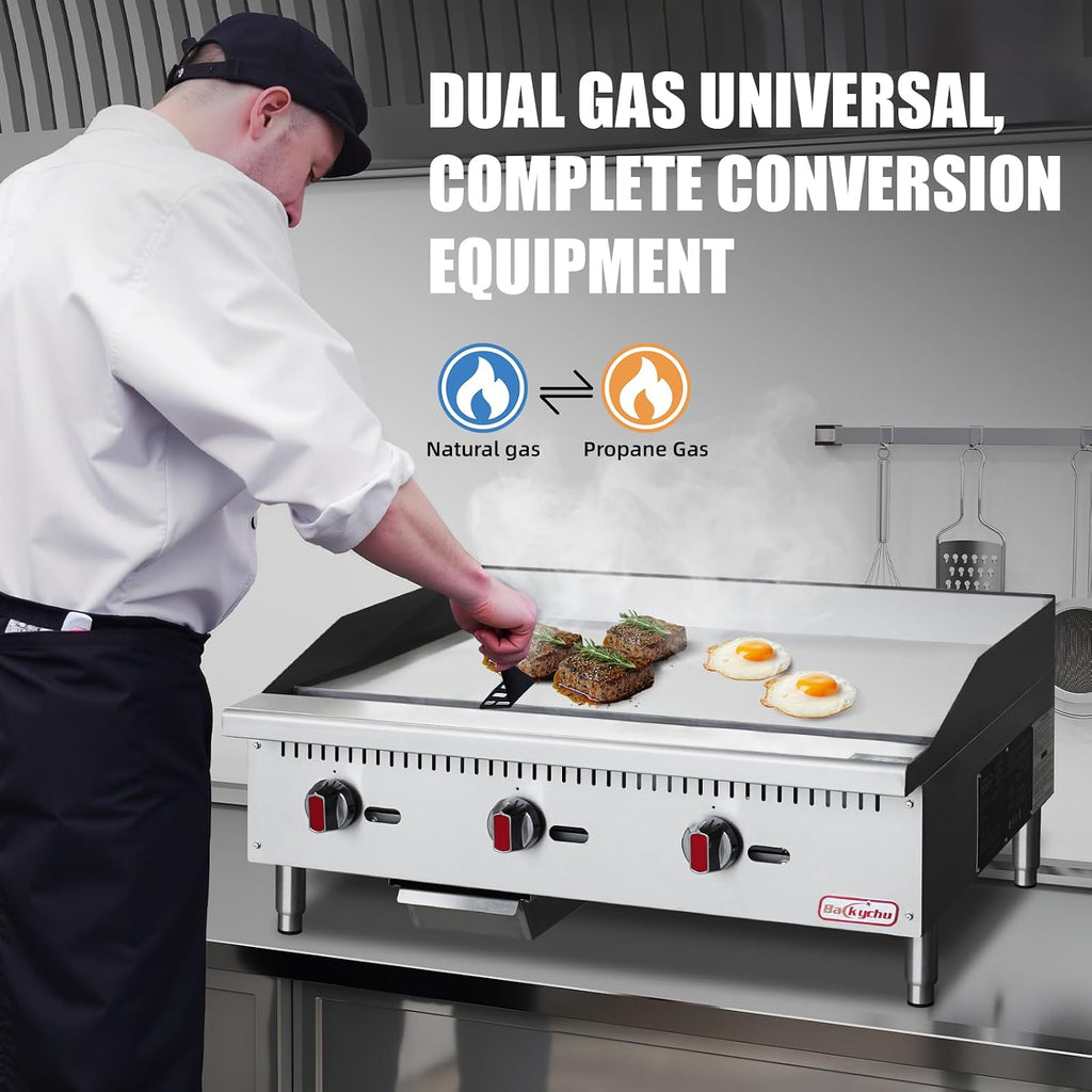 Commercial Gas Griddle - 36' Countertop Griddle. 90,000 BTU Flat Top Griddle, Natural Gas (NG) / Propane, CSA Certified Stainless Steel Teppanyaki Grill for Restaurants