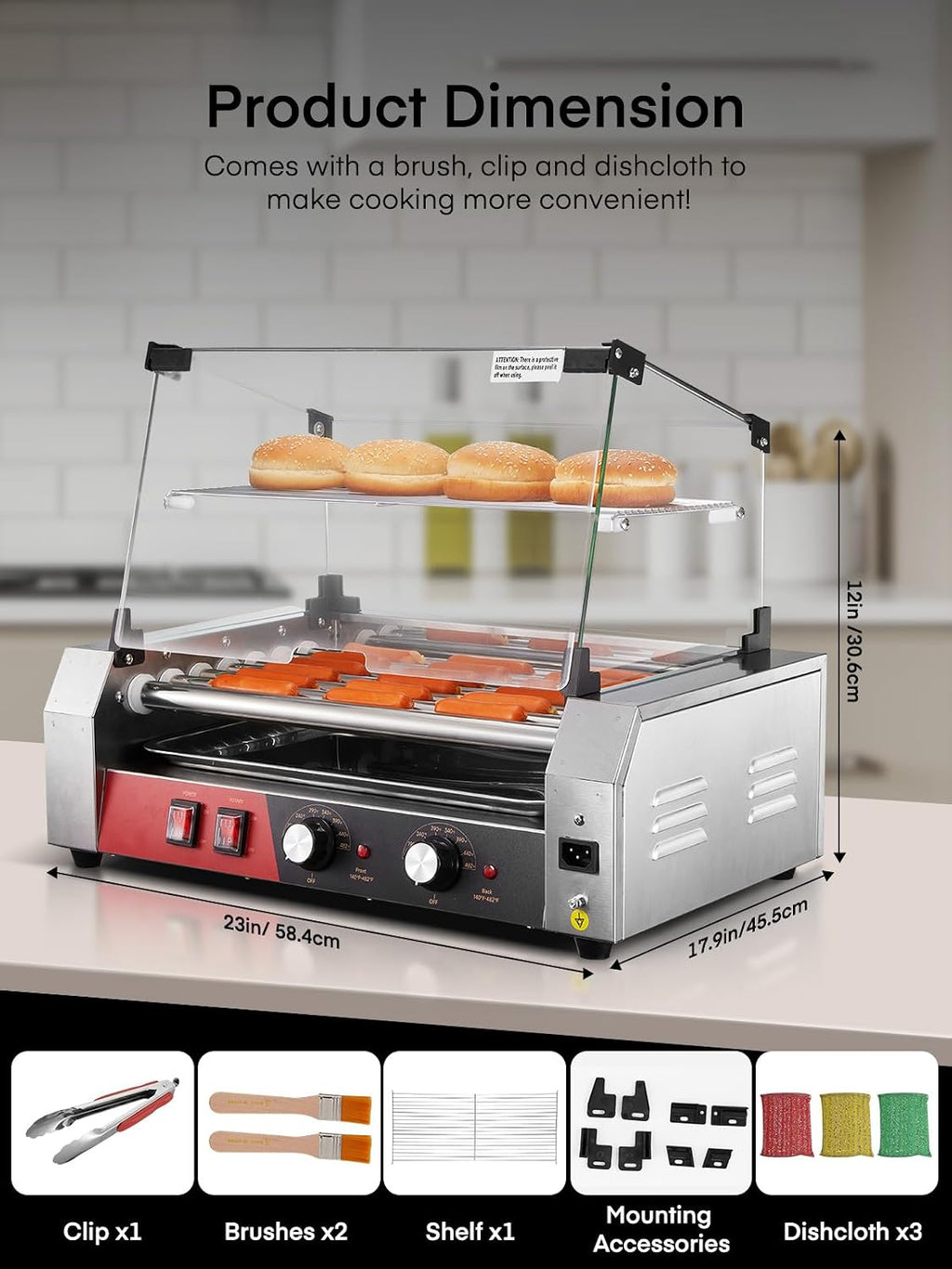 HOUSNAT Hot Dog Roller, 7 Rollers 18 Hot Dog Capacity,1050W Stainless Steel Hot Dog Machine with Bun Shelf, Drip Tray, Glass Cover & Dual Temp Control for for Kitchen, Party, and Canteen Use