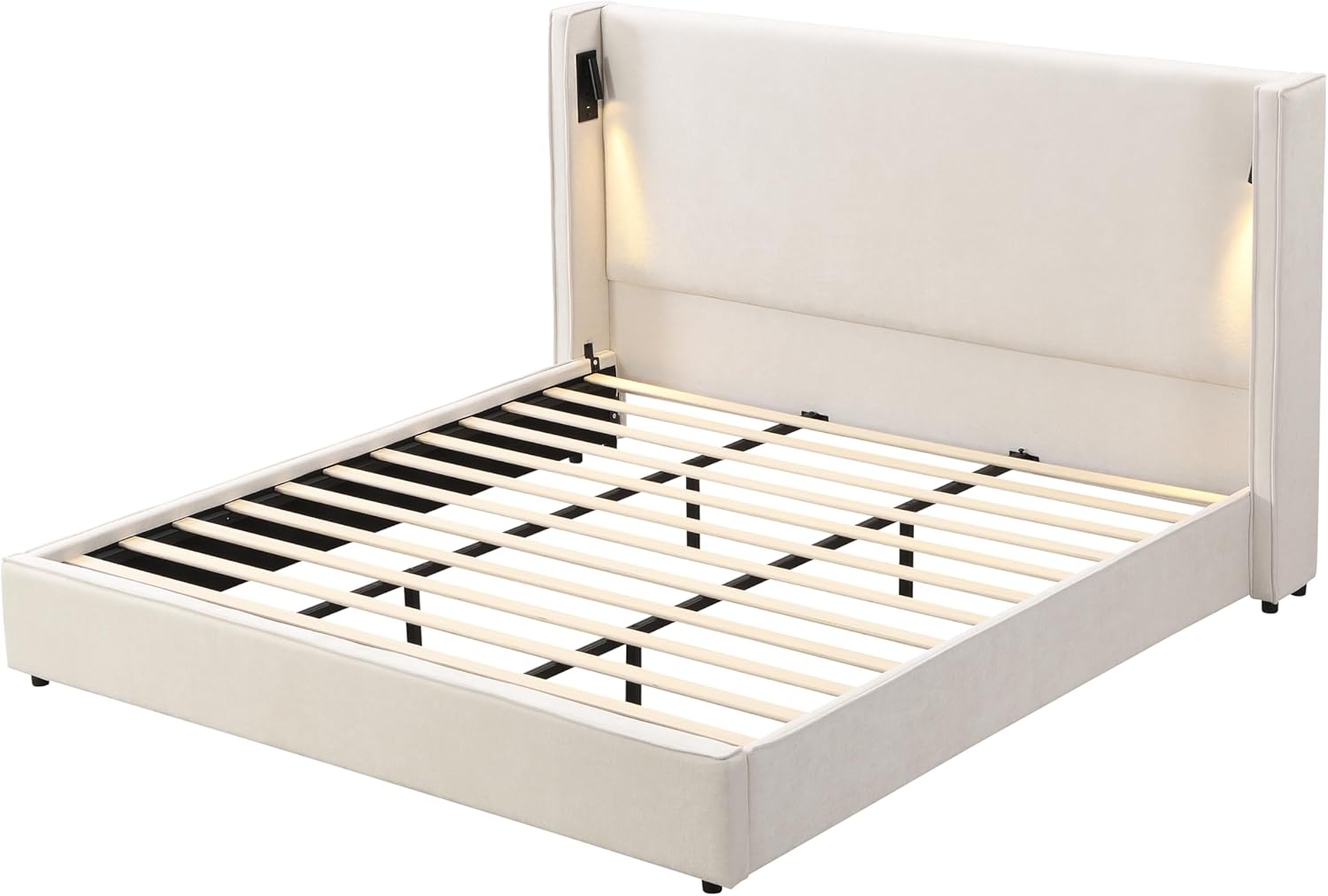 Christopher Knight Home Hazel 45.70'H California King Bed Frames, Linen Upholstered Cal King Bed Frame, Slats Panel Support, No Spring Box Needed, Wingback Headboard with Reading Lamps and USB, Beige