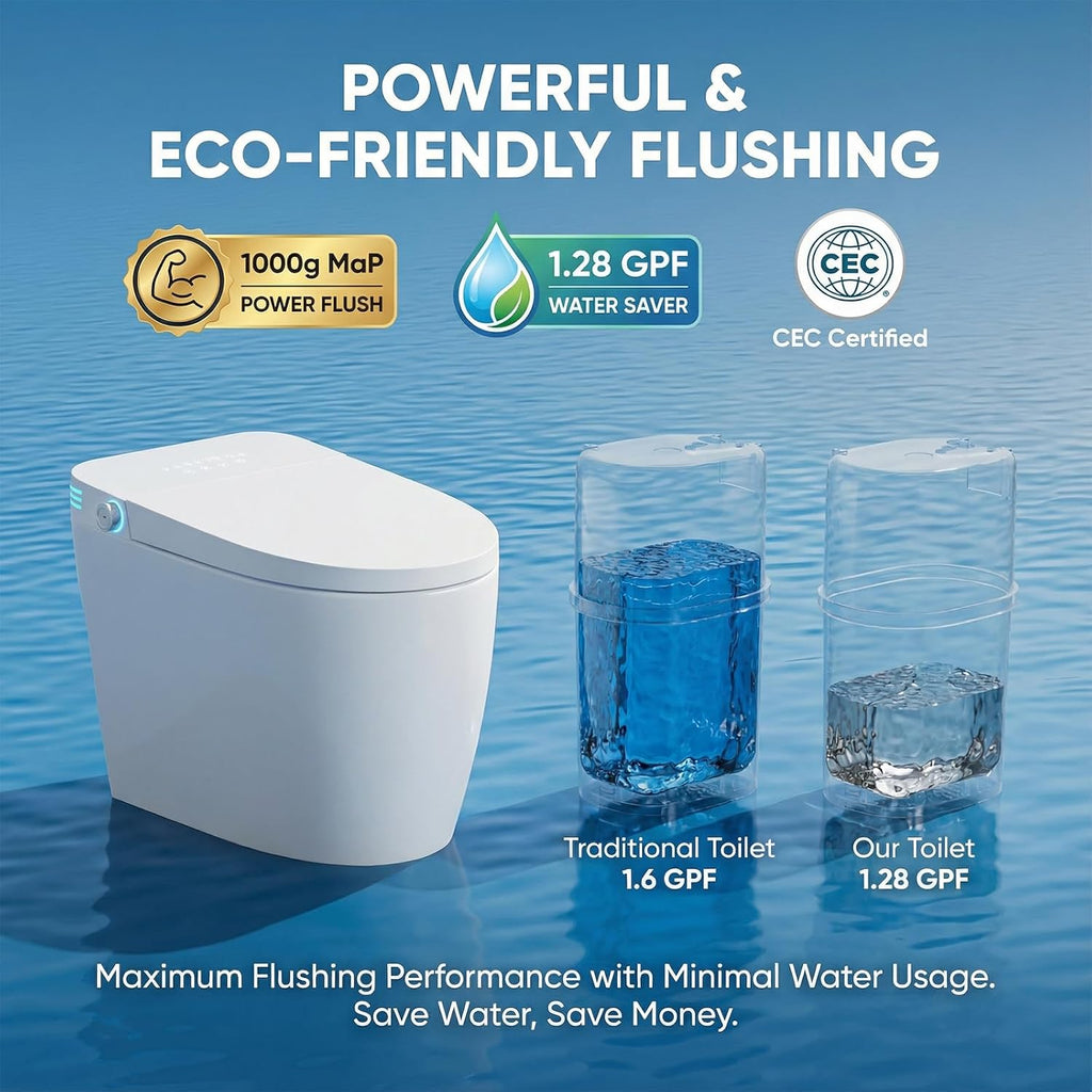 Smart Toilet with Bidet Built In, Heated Toilet Seat with Auto Open/Close Lid and Massage Washing, One Piece Bidet with Warm Water, Dryer, Night Light, LED Display, Tankless Toilets 1.28GPF