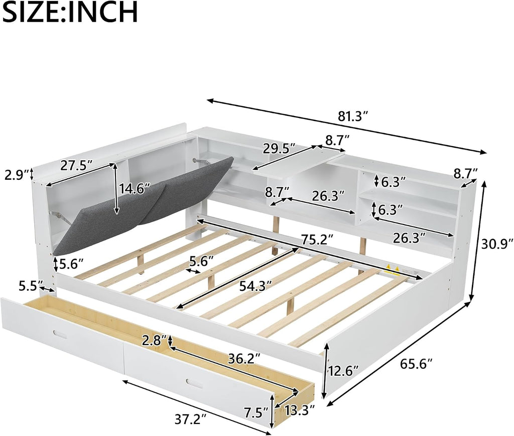 Harper & Bright Designs Full Size Daybed with 2 Storage Drawers and Bookcase,Wood L Shaped Full Platform Bed Frame with Shelves, Full Sofa Bed Frame with Slats Support, No Box Spring Needed, White