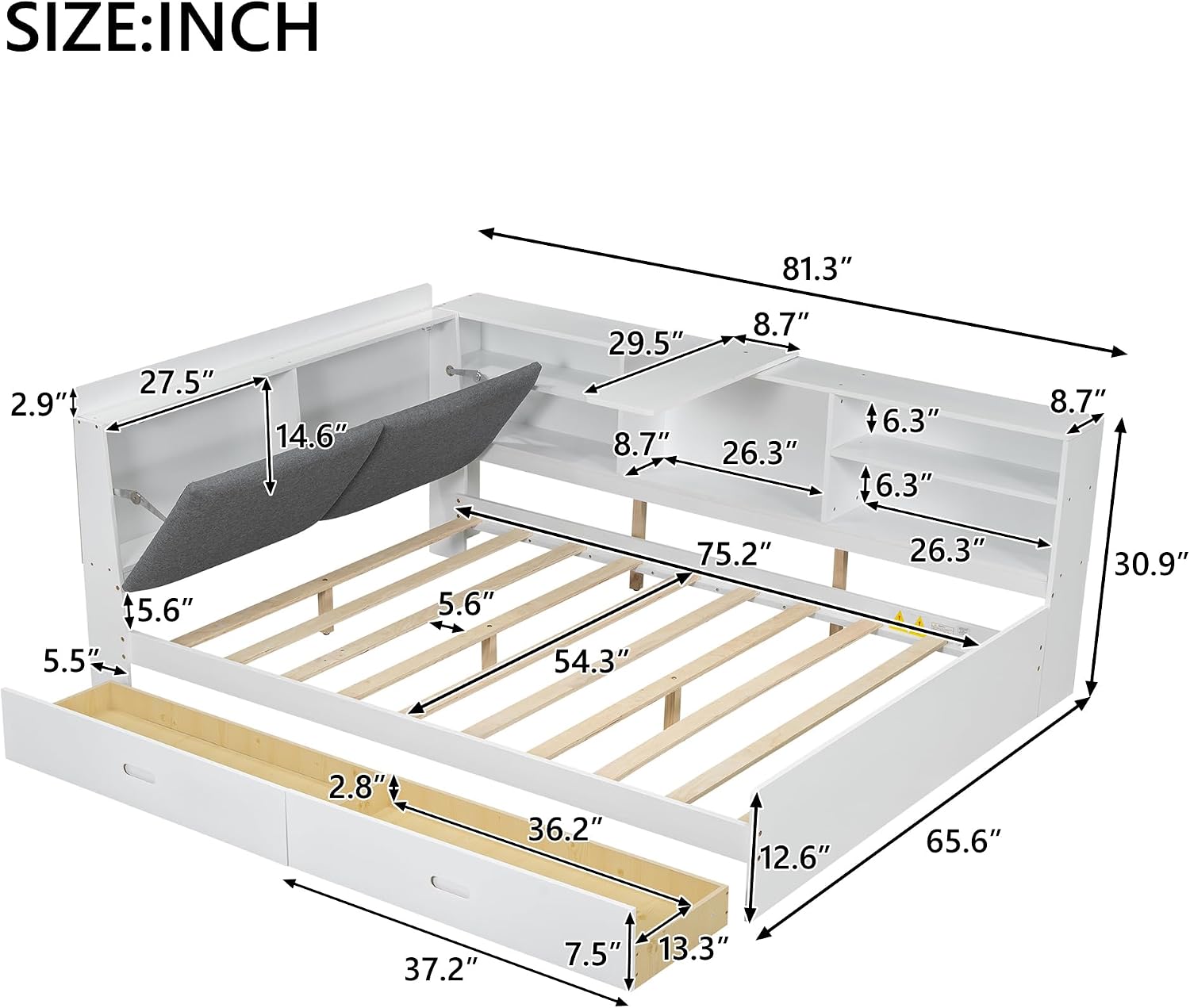 Harper & Bright Designs Full Size Daybed with 2 Storage Drawers and Bookcase,Wood L Shaped Full Platform Bed Frame with Shelves, Full Sofa Bed Frame with Slats Support, No Box Spring Needed, White