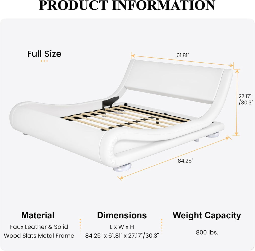 SHA CERLIN Full Size Upholstered Bed Frame, Deluxe Low Profile Sleigh Bed with Faux Leather Ergonomics Headboard, No Box Spring Needed & Easy Assembly, White
