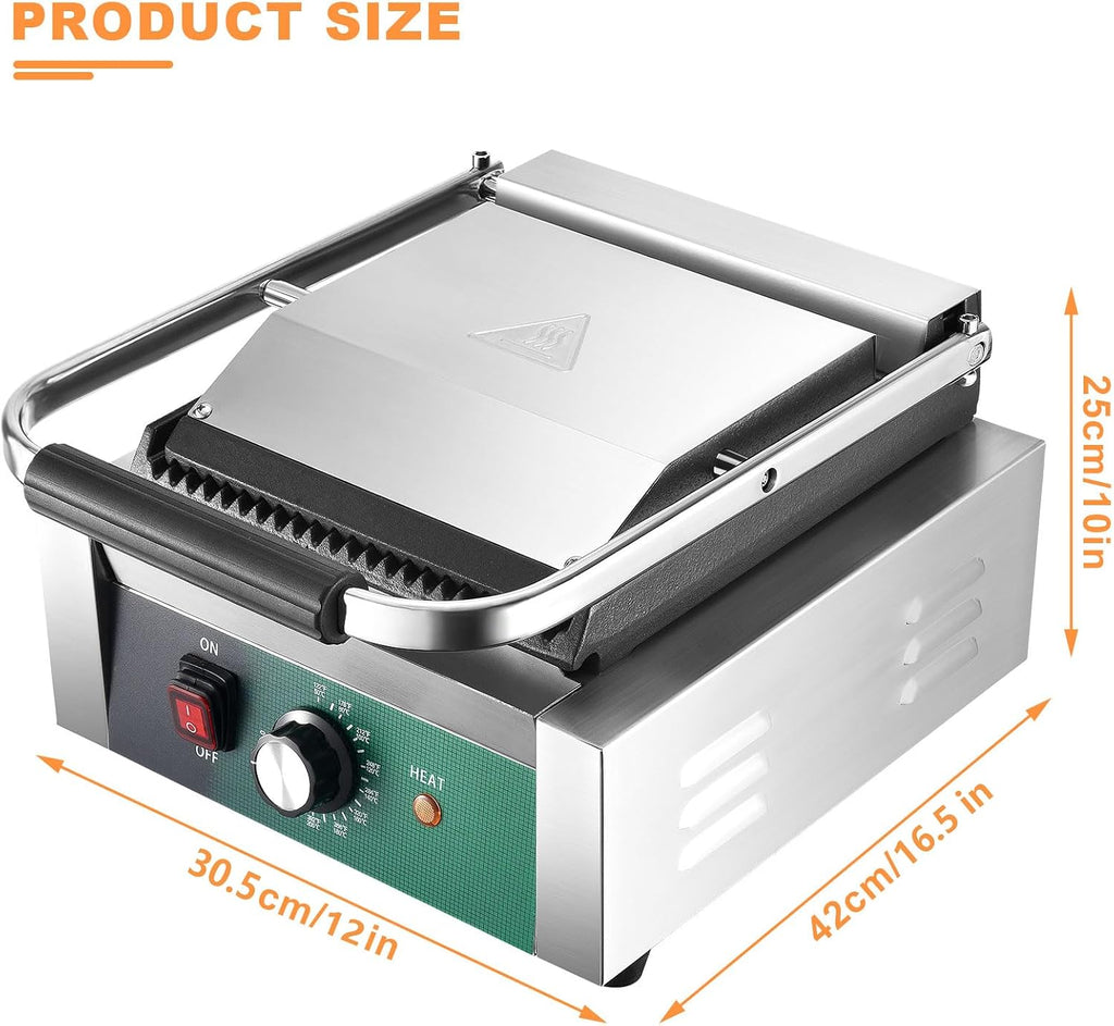 Commercial Panini Press, 2200W Panini Grill Press Sandwich Maker with Non-Stick Grooved Plates and Adjustable Temperature Control, Double-sided Heating Electric Griddle