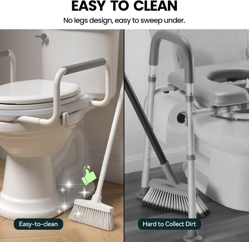 R&T 2' Toilet Seat Riser with Handles – Comfortable Raised Toilet Seat for Seniors, Fits for Elongated Toilets, Elevated Seat with Soft Grey Padded Arms for Bathroom