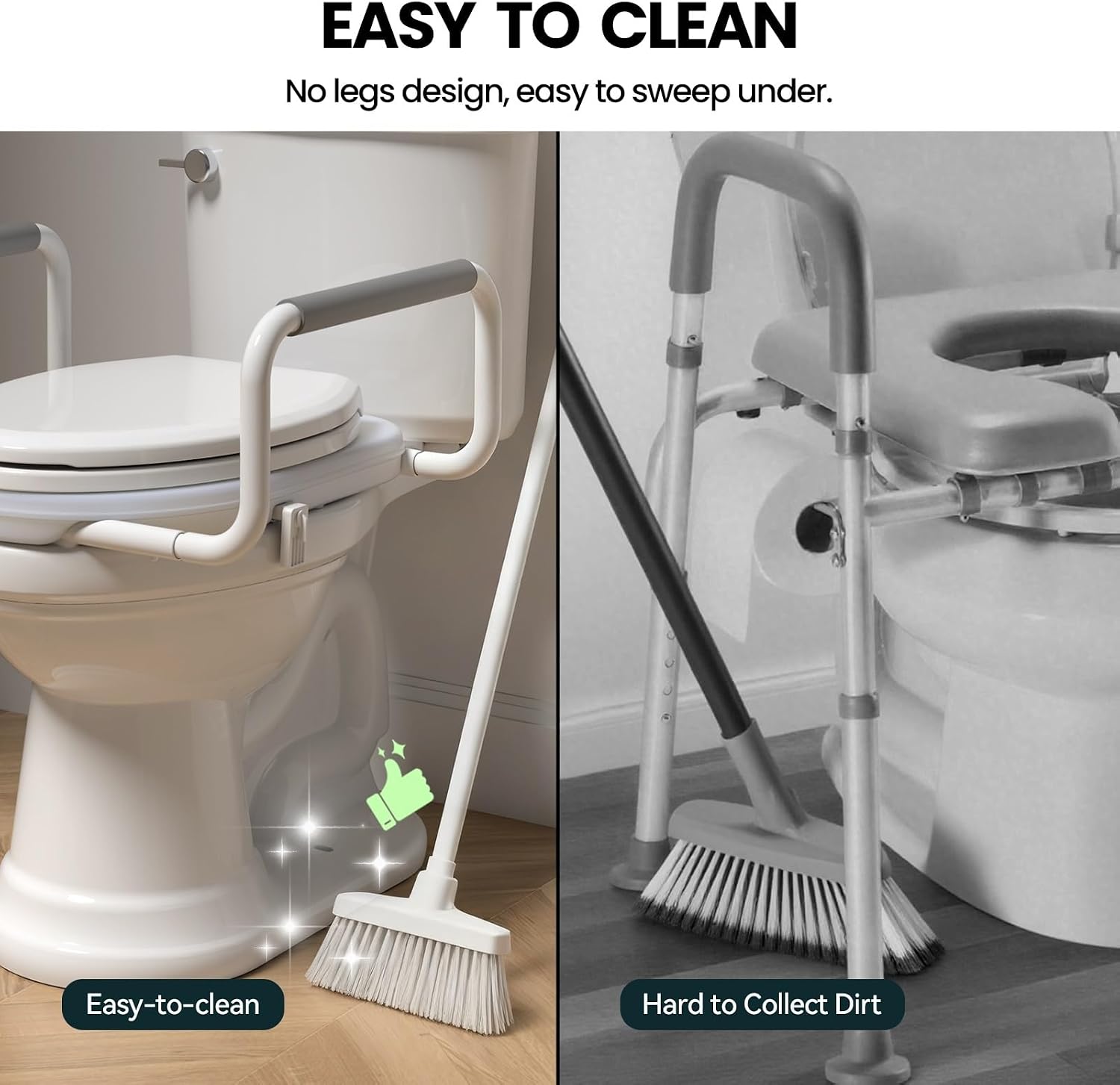 R&T 2' Toilet Seat Riser with Handles – Comfortable Raised Toilet Seat for Seniors, Fits for Elongated Toilets, Elevated Seat with Soft Grey Padded Arms for Bathroom