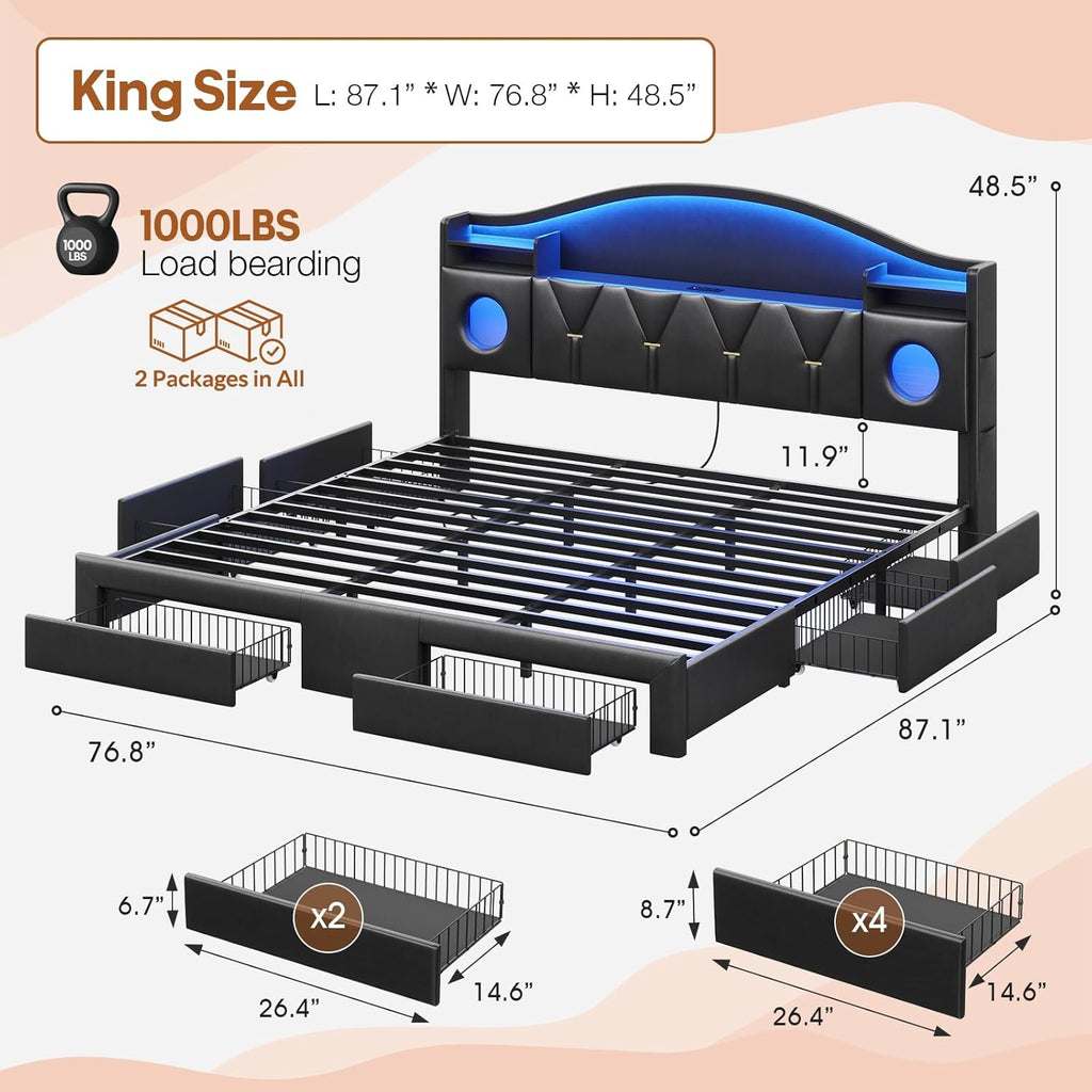 King Size Bed Frame,Bed Frame king size with 6 Large Drawers & Charging Station and LED Lights,King Bed Frame and Headboard,King Size Bed Heavy Duty Metal Frame Support, No Box Spring Needed,PU Black