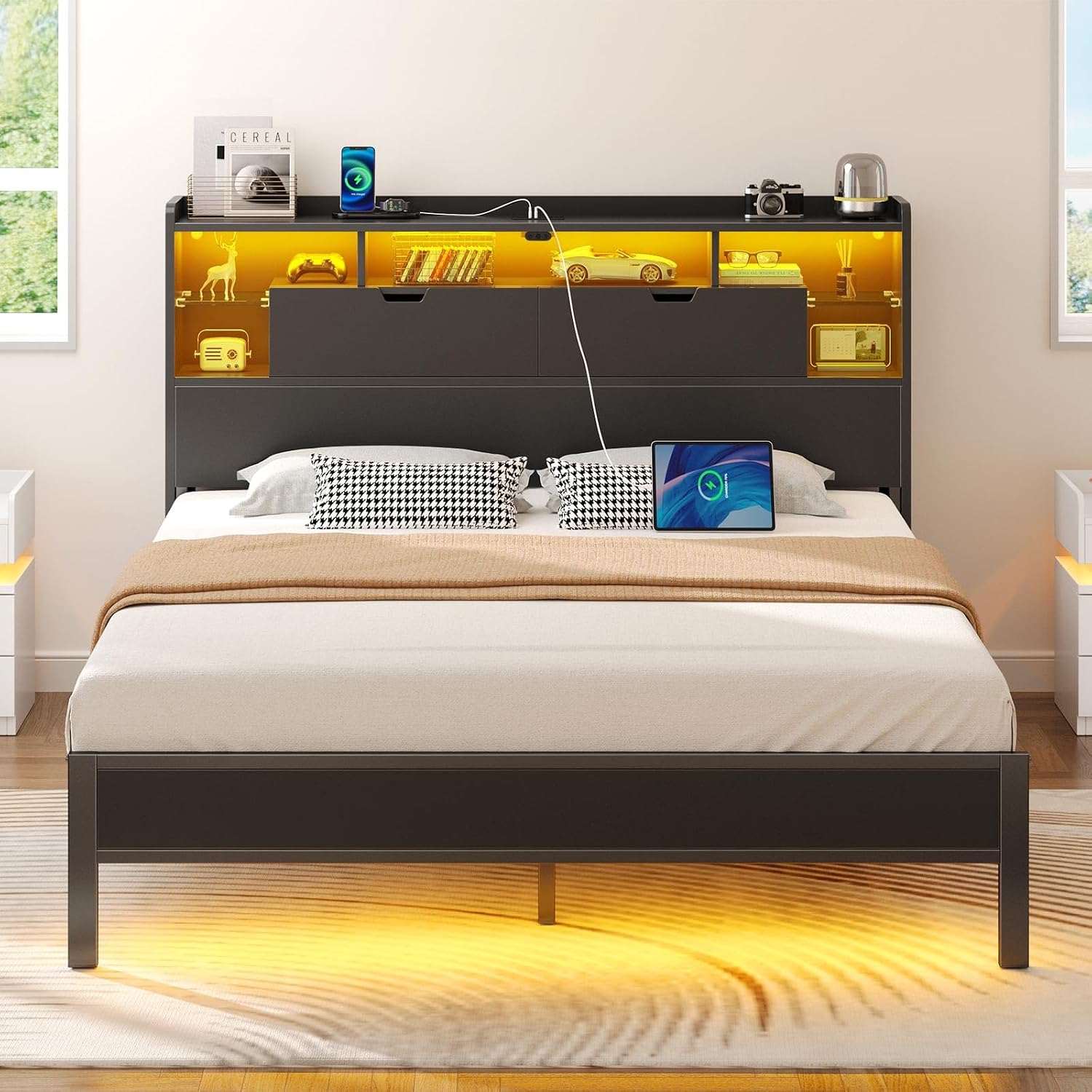 Rolanstar Queen Bed Frame with Headboard, LED Bed with Bookcase Storage and Charging Station, Metal Platform Bed with Glass Shelves, No Box Spring Needed, Noise-Free, Black