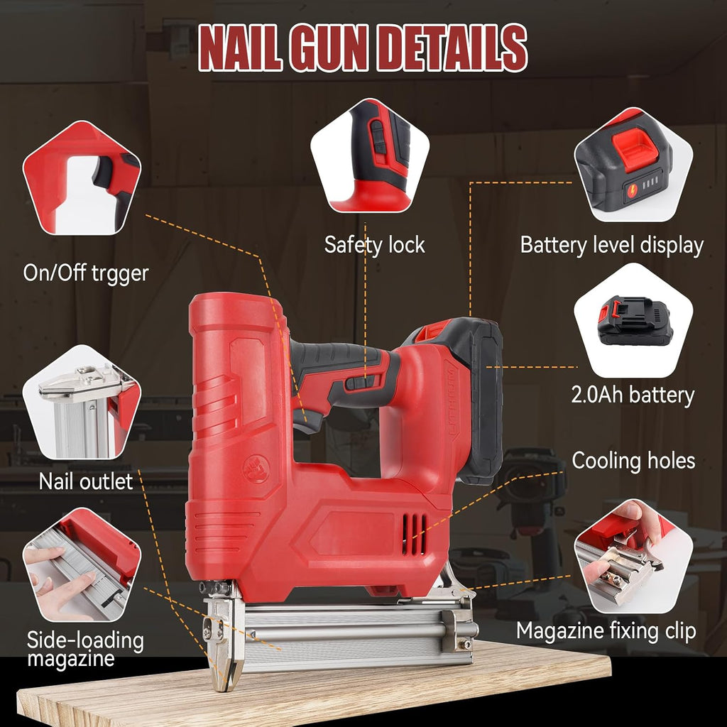 JOJOCY 21V Cordless Brad Nailer Stapler Kit, 2 2.0Ah Batteries, 18GA 2000 Nails & Staples, 2 Firing Modes, Safety Lock for Carpentry DIY Woodworking
