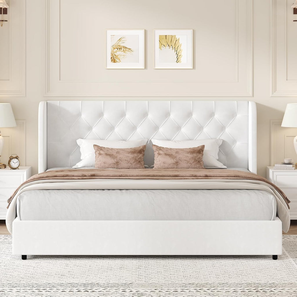 HOMBCK White King Size Bed Frame, Velvet Upholstered Platform Bed Frame with Headboard, Curved Wingback Design, Wooden Slats, No Box Spring, Noise Free, Easy Assembly