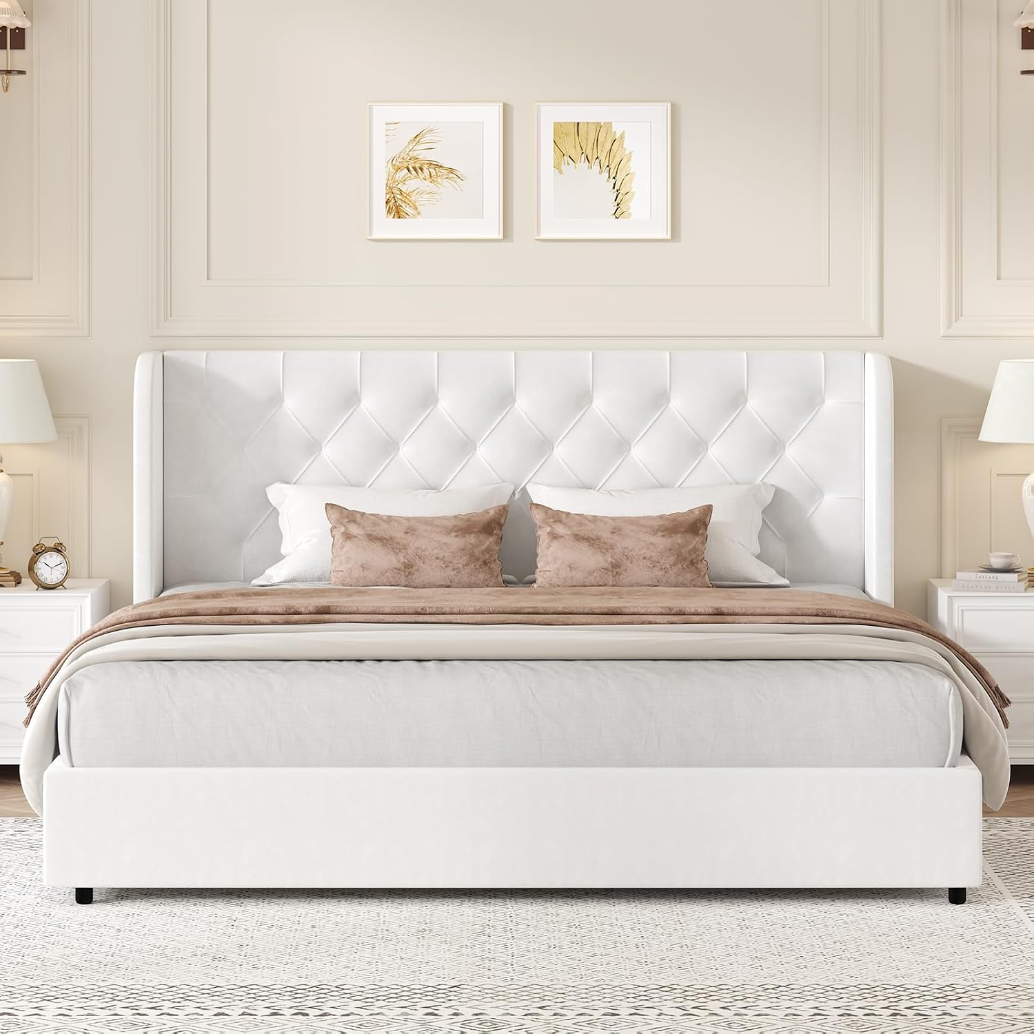 HOMBCK White King Size Bed Frame, Velvet Upholstered Platform Bed Frame with Headboard, Curved Wingback Design, Wooden Slats, No Box Spring, Noise Free, Easy Assembly