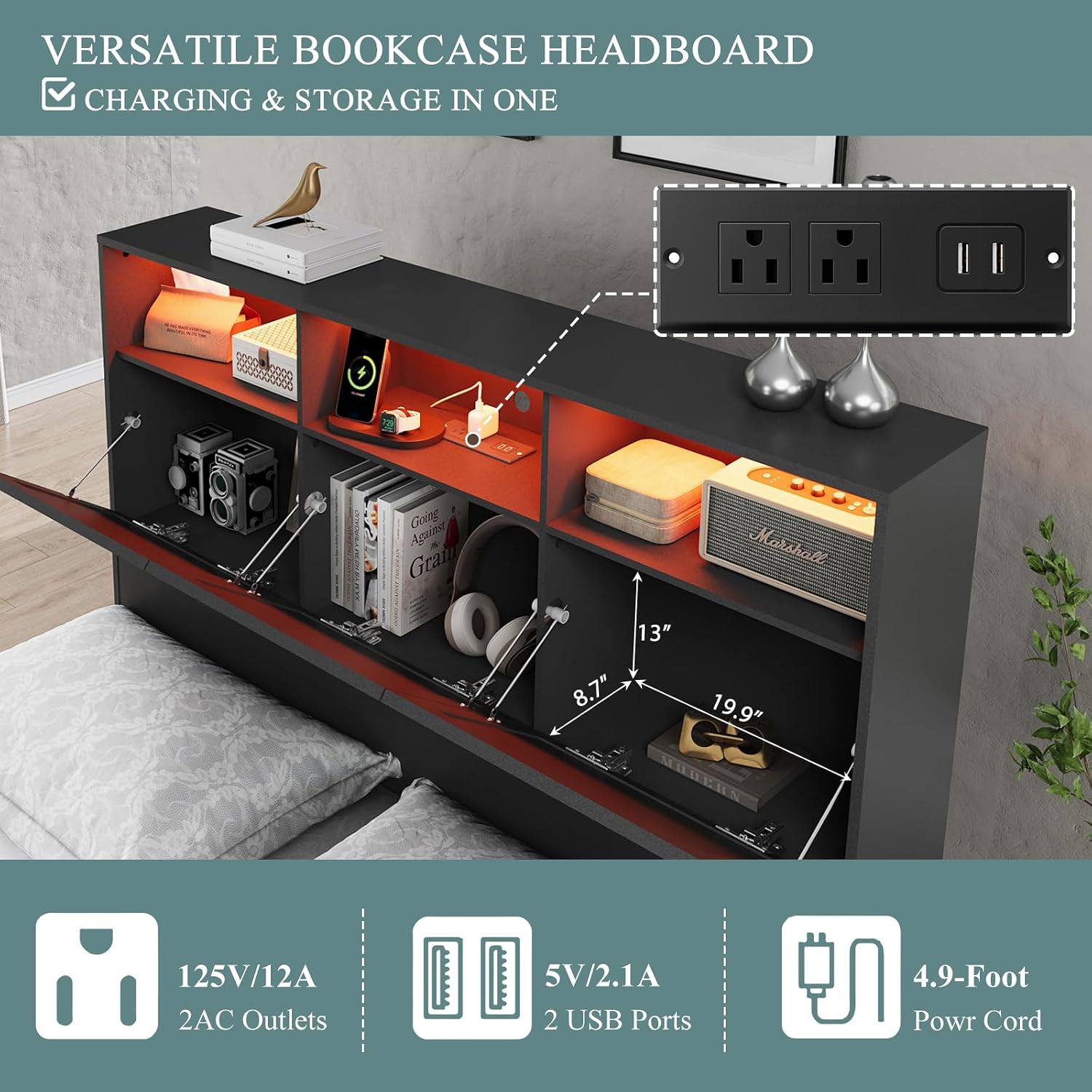 2 Pieces Bedroom Set, Queen Size Bed Frame with Storage Headboard, Nightstand with Charging Station, Black