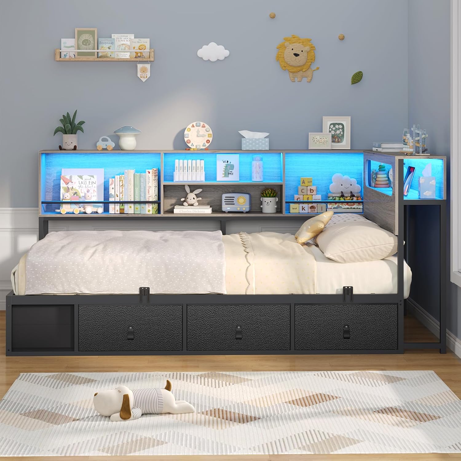 ADORNEVE Twin Corner Bed Frame with Bookcase Storage & LED Light Headboard, Charging Station, Metal Daybed with 3 Drawers & 2 Open Cubbies, for Small Bedrooms, Black & Oak Grey