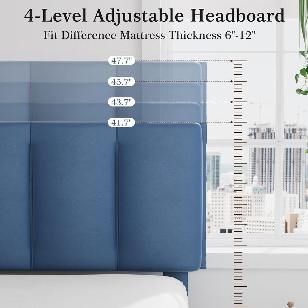 VECELO Twin Size Bed Frame with Upholstered Headboard, Heavy-Duty Bedframe with Wooden Slats & Steel Framework, Easy Assembly, Dark Blue