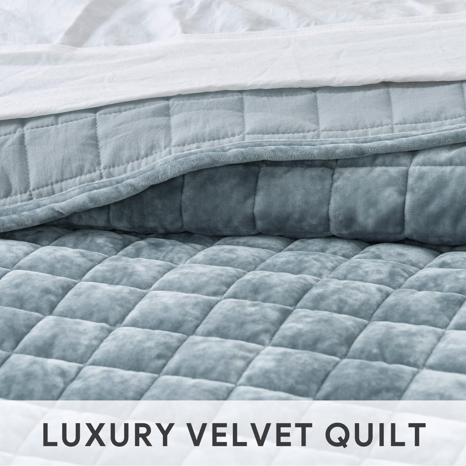 RECYCO Luxury Velvet Quilt Set, California King 118'' x 106'' Oversized Bedspread, Ultra Soft Velvet Comforter, Lightweight Box Stitch Bedding Sets for All Season, with 2 Shams, Blue Linen