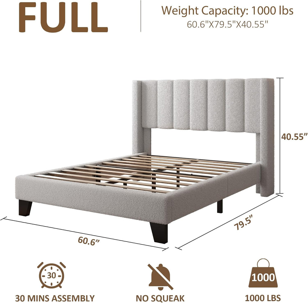 Full Bed Frame with Headboard Upholstered Platform Bed Frame with Teddy Velvet Headboard, Wooden Slats Support/Wing Edge Design/No Box Spring Needed/Easy Assembly, Grey Full