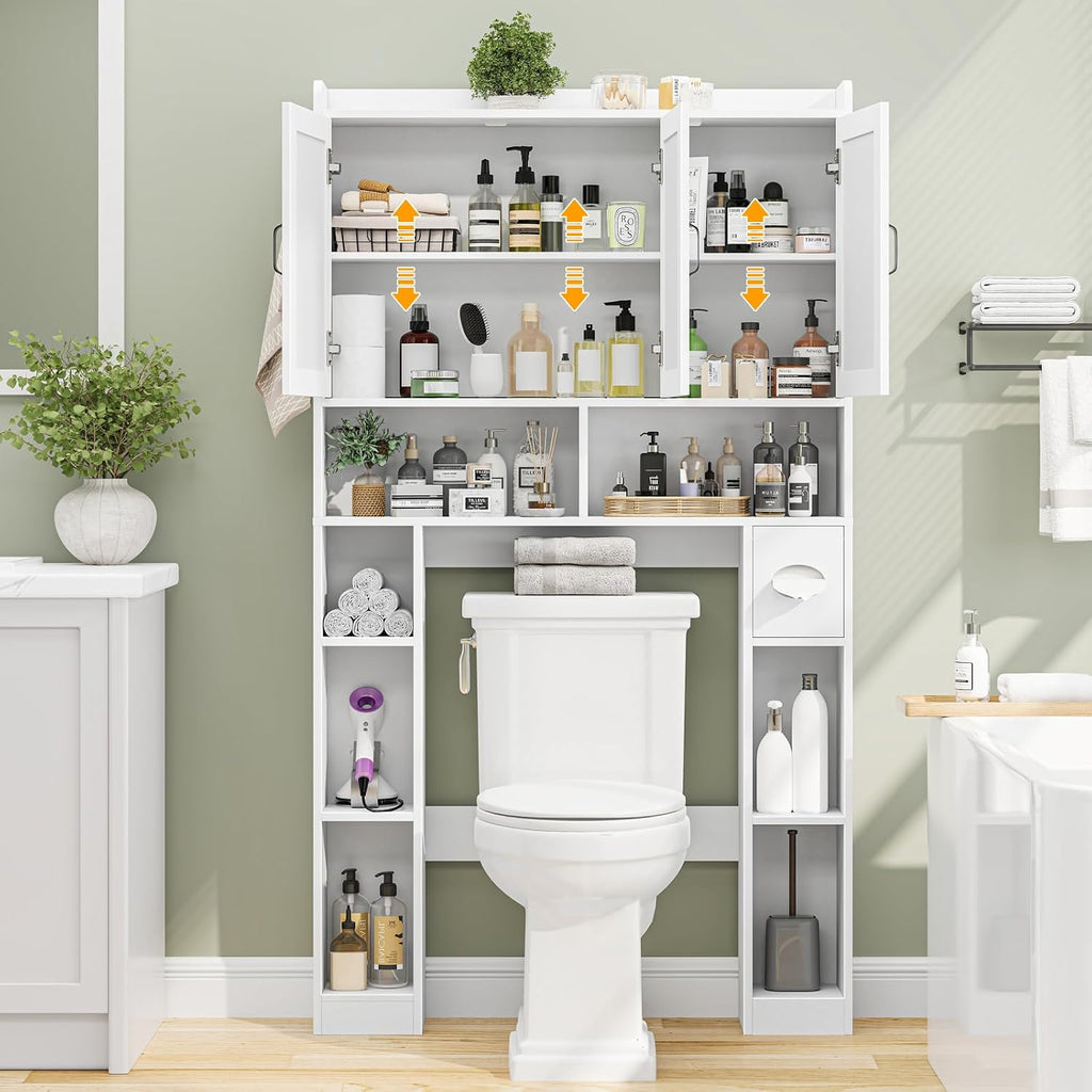 Vabches Over The Toilet Storage Cabinet,Farmhouse Bathroom Organizer with 3 Barn Doors & Adjustable Storage Shelf,Space-Saving Toilet Rack with Toilet Paper Holder Stand for Restroom, Laundry, White