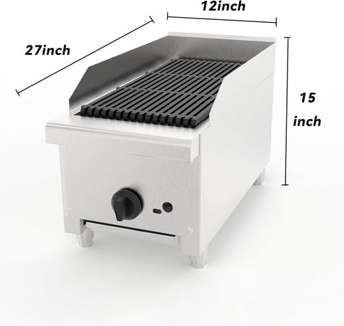 12 Inch Commercial Gas Lava Rock Charbroiler, Stainless Steel Countertop Grill with 1 Burner, Restaurant BBQ Broiler with Durable Cast Iron Grates, Natural Gas/Propane, 28000 BTU