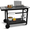 Black Cast Iron 2-Shelf Grill Cart with Wheels,Heavy Duty Pizza Oven Stand for Blackstone Ninja,Outdoor Cooking Station with Durable Tabletop