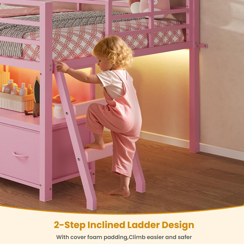 ADORNEVE Low Loft Bed Twin Size with 7 Storage Drawers, Bookcase and LED Lights, Metal Kids Loft Bed with 14' H Safety Guardrail,Inclined Ladder and Play Curtain, Under-Bed Play Space,Pink