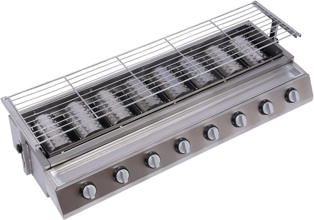 Commercial 8 Burner Gas Countertop Griddle with Smokeless Yakitori Grill, Adjustable Height LPG Propane Indoor Griddle, Removable Grill Net