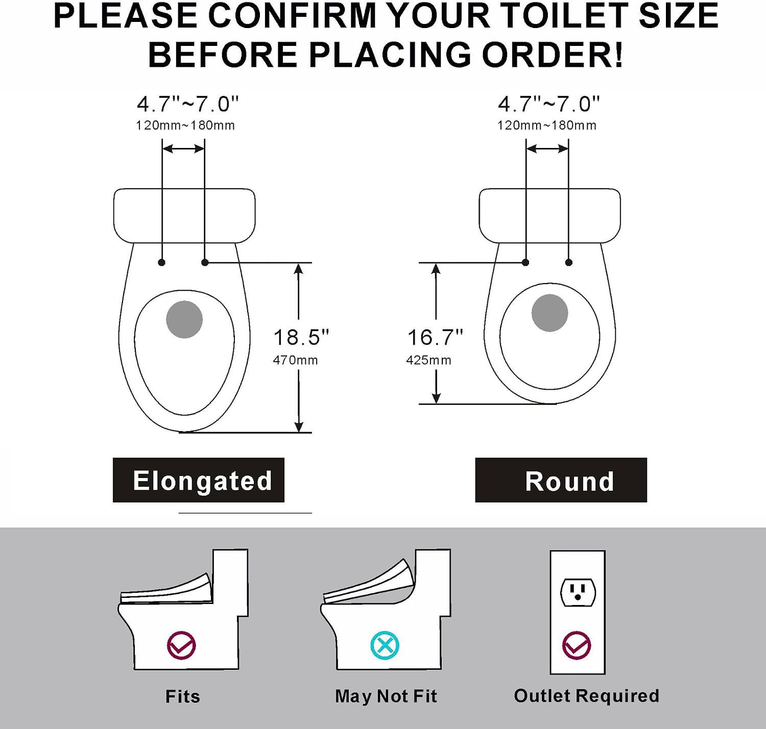 Fixing Side Panel Control Elongated Bidet Toilet Seat with Warm Water Wash, Air Dryer, Heated Seat, LED Display, Self-Cleaning Nozzle, Night Light & Multiple Cleaning Modes