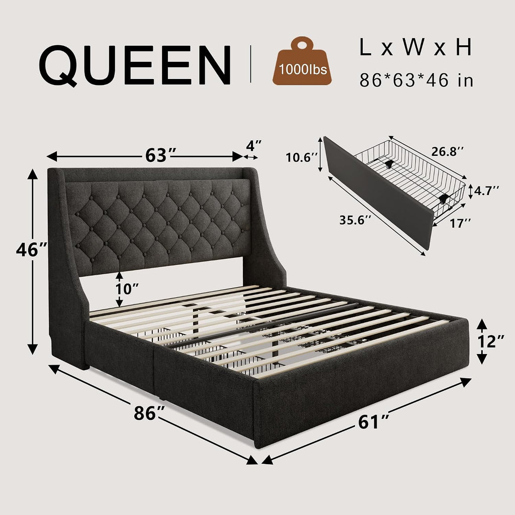 Einhomn Upholstered Queen Bed Frame with 4 Storage Drawers, Modern Platform Bed with Wingback Headboard, Charging Station, No Box Spring Needed, Dark Grey