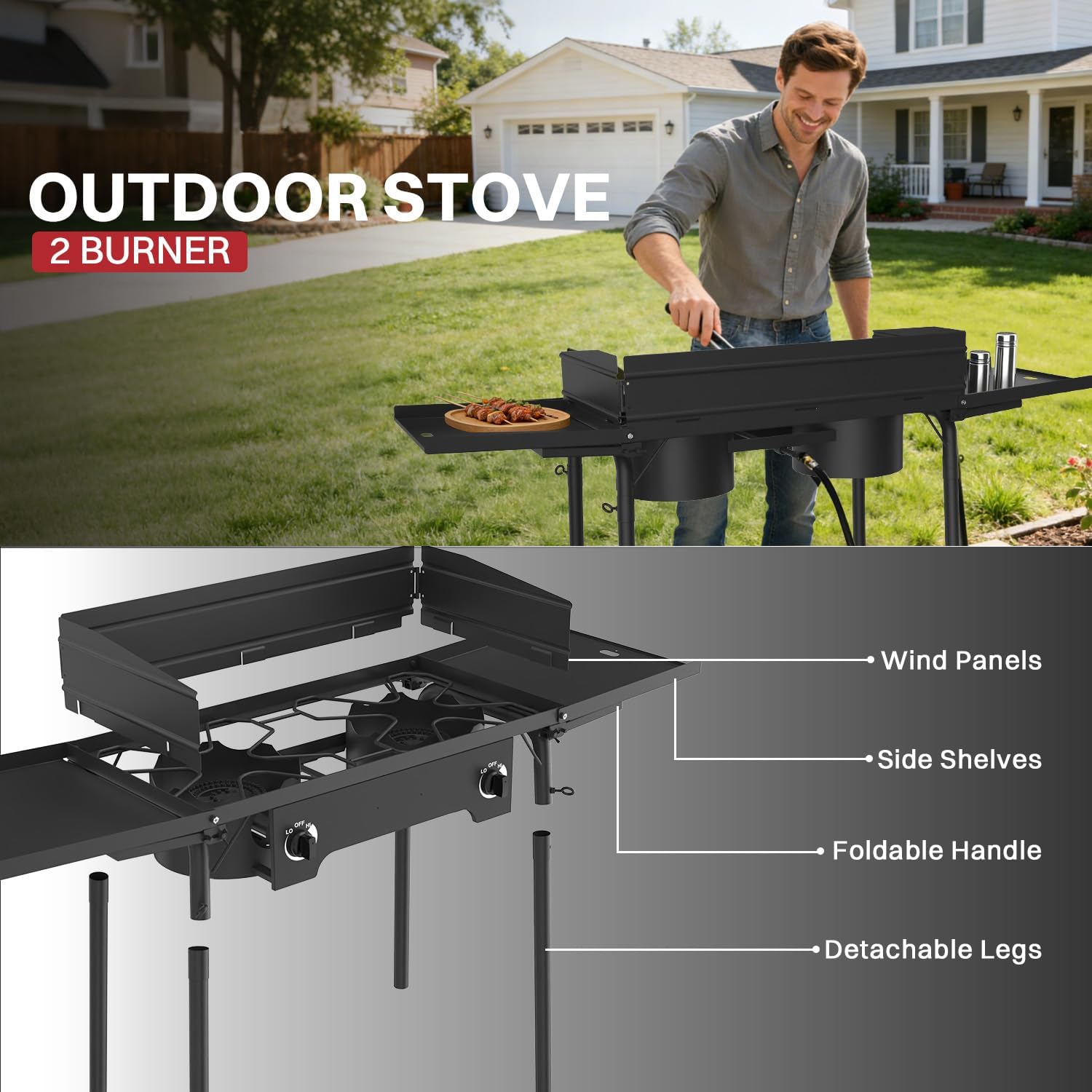 2 Burner Propane Camp Stove | 150,000 BTU Gas Burners | Side Shelves | Windscreen | Waterproof Cover | Detachable Legs | Ideal for Camping Backyard Outdoor Cooking