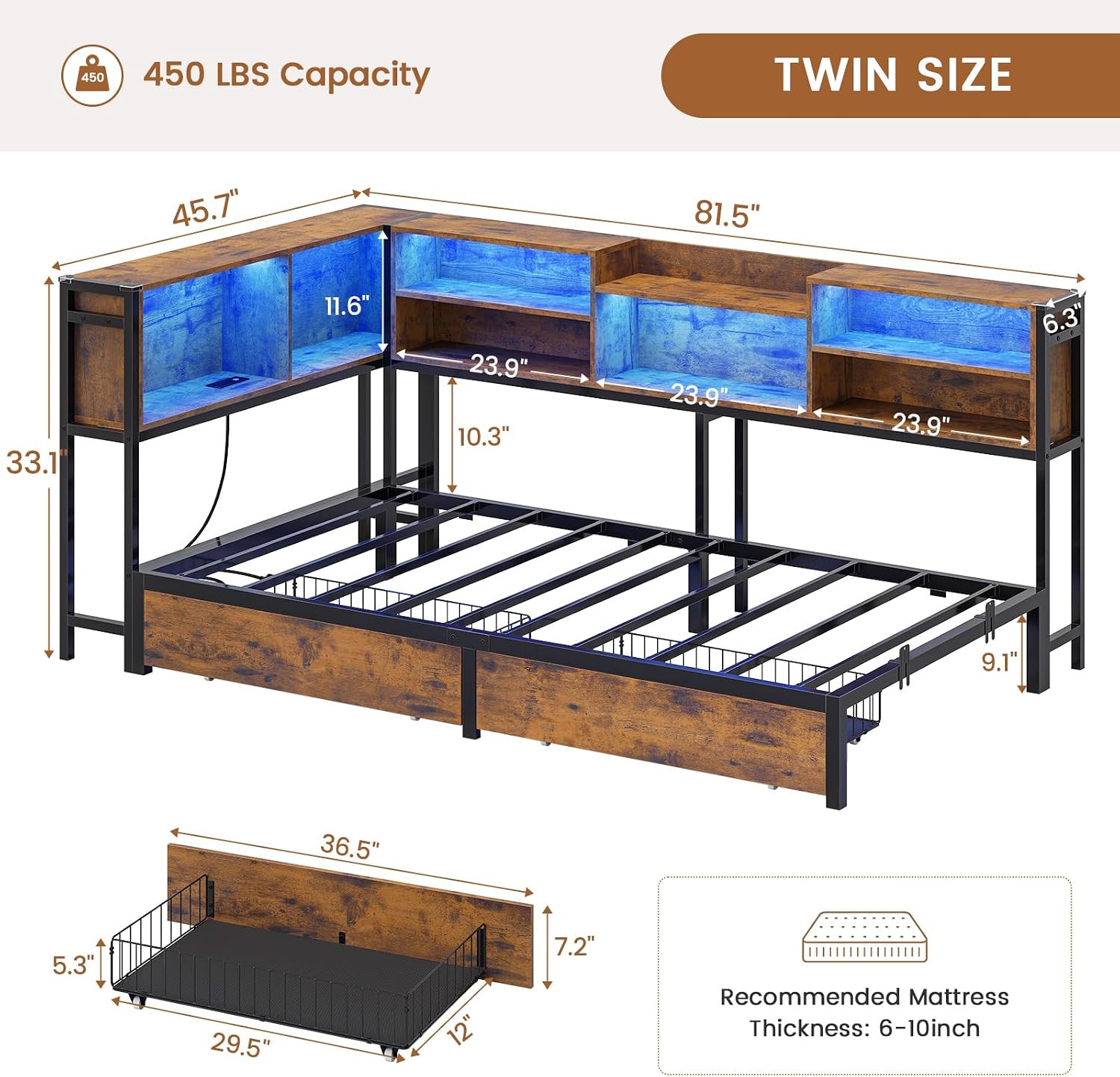 Hasuit Corner Bed Frame Twin with 2 Drawers and Storage Bookcase, Daybed with Charging Station and LED Lights, Metal Platform Bed with Bookshleves,Twin Size Bed Frame for Kids Teens Guests, Rustic
