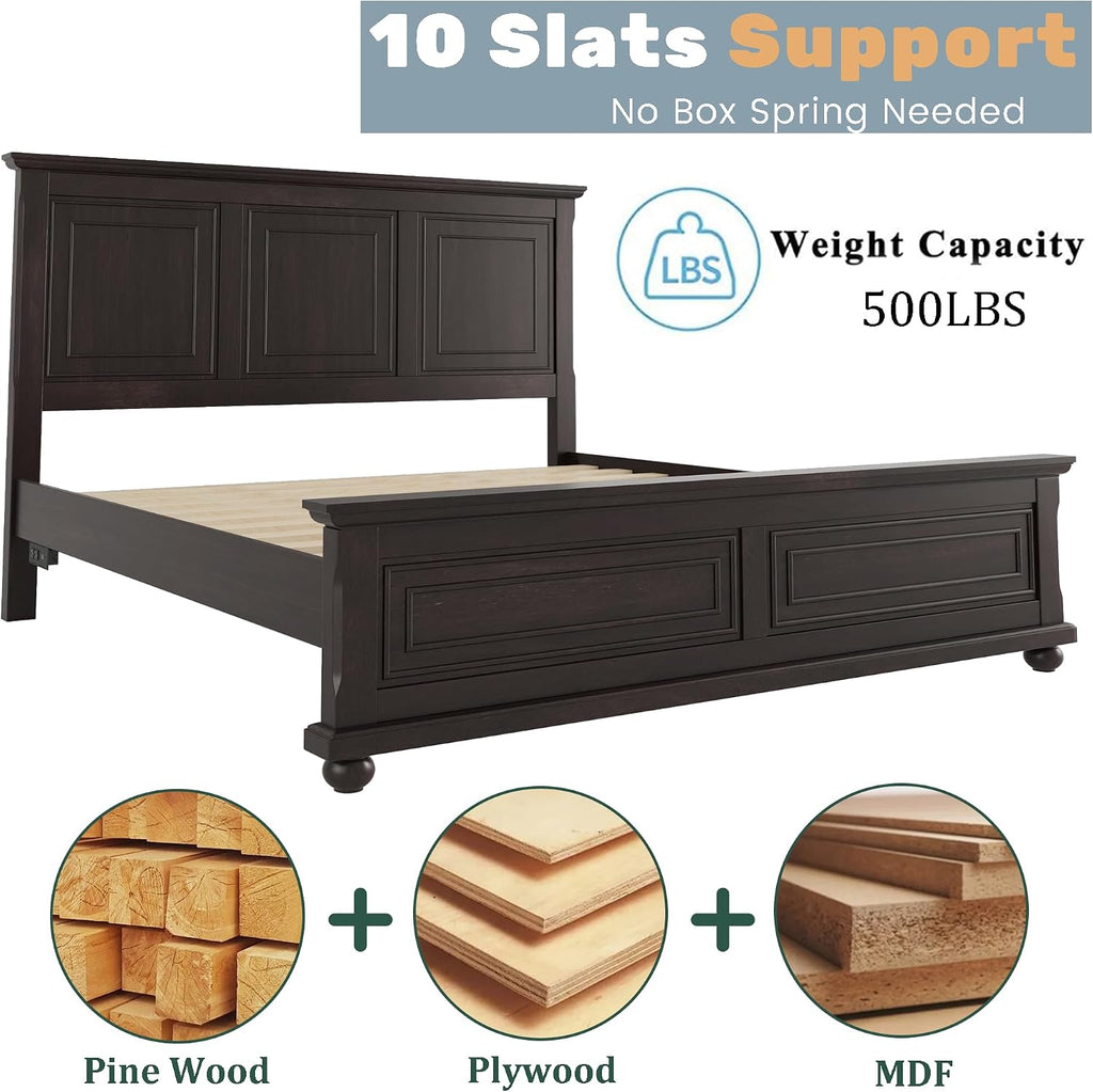Mirightone Farmhouse King Bed Frame with High Headboard & Footboard, Solid Wood Rustic Bedroom Furniture Set with USB Charging Station, Under Bed Storage, No Box Spring Needed,Antique Brown