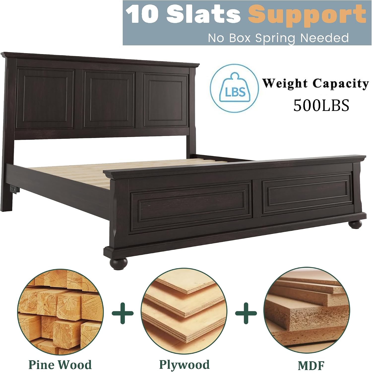 Mirightone Farmhouse King Bed Frame with High Headboard & Footboard, Solid Wood Rustic Bedroom Furniture Set with USB Charging Station, Under Bed Storage, No Box Spring Needed,Antique Brown