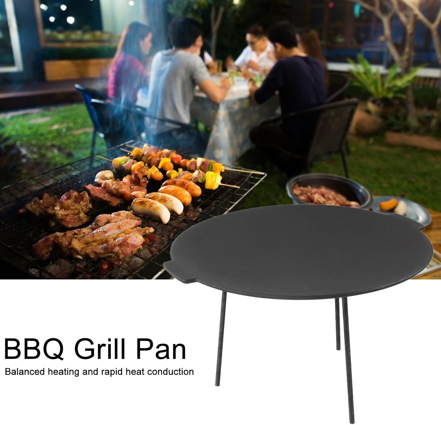 BBQ Grill Pan Cast Iron Round BBQ Griddle Smokeless Heat Non Stick Indoor Outdoor Camping Barbecue Parties Durable Easy to Clean 47.5 x 44CM