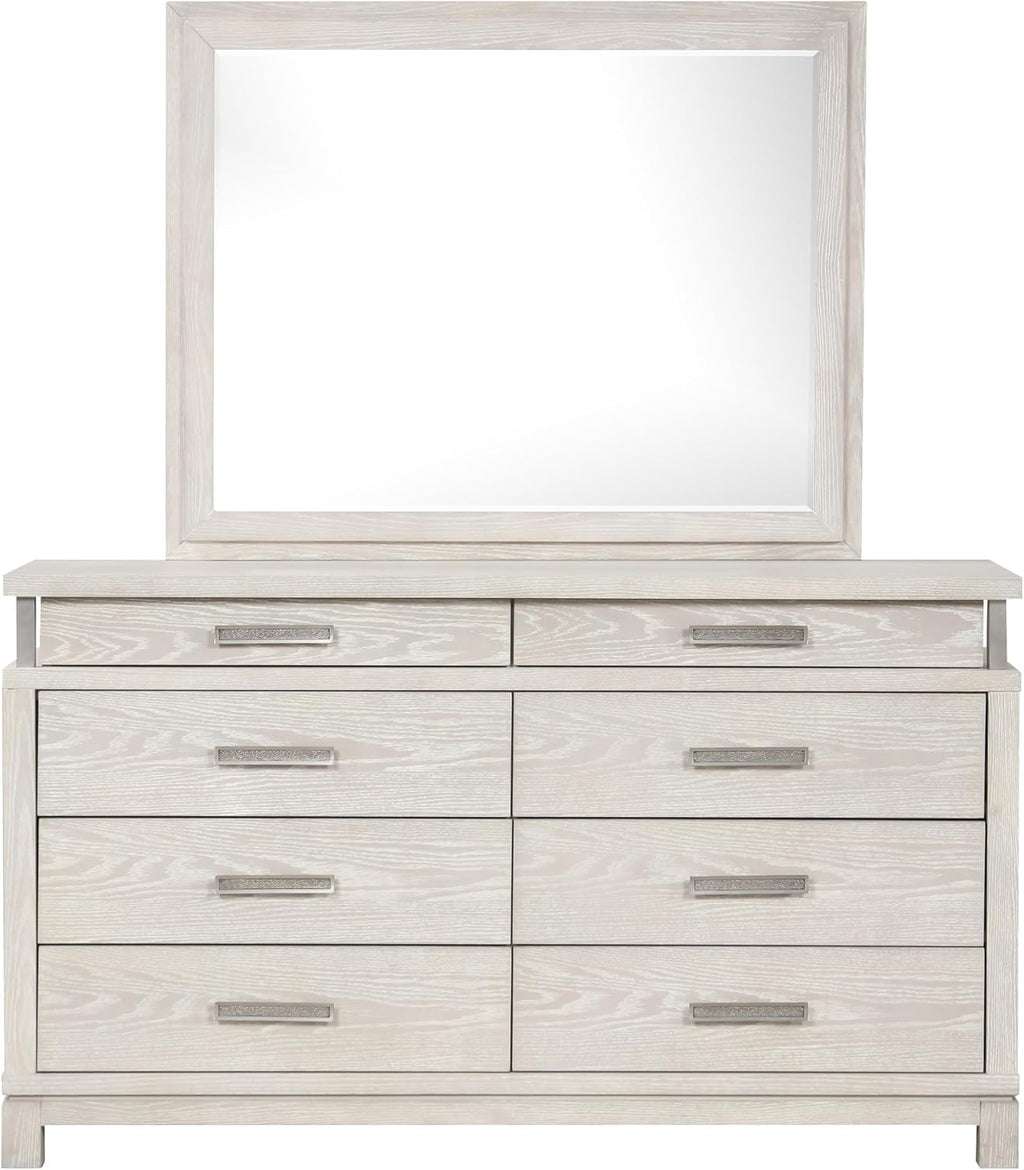 Furniture of America Bailer Modern Solid Wood 6-Piece Bedroom Set with LED on Headboard, Stainless Steal Posts and Marble Top on Nightstand, Box Spring Needed, Queen, Weathered Gray