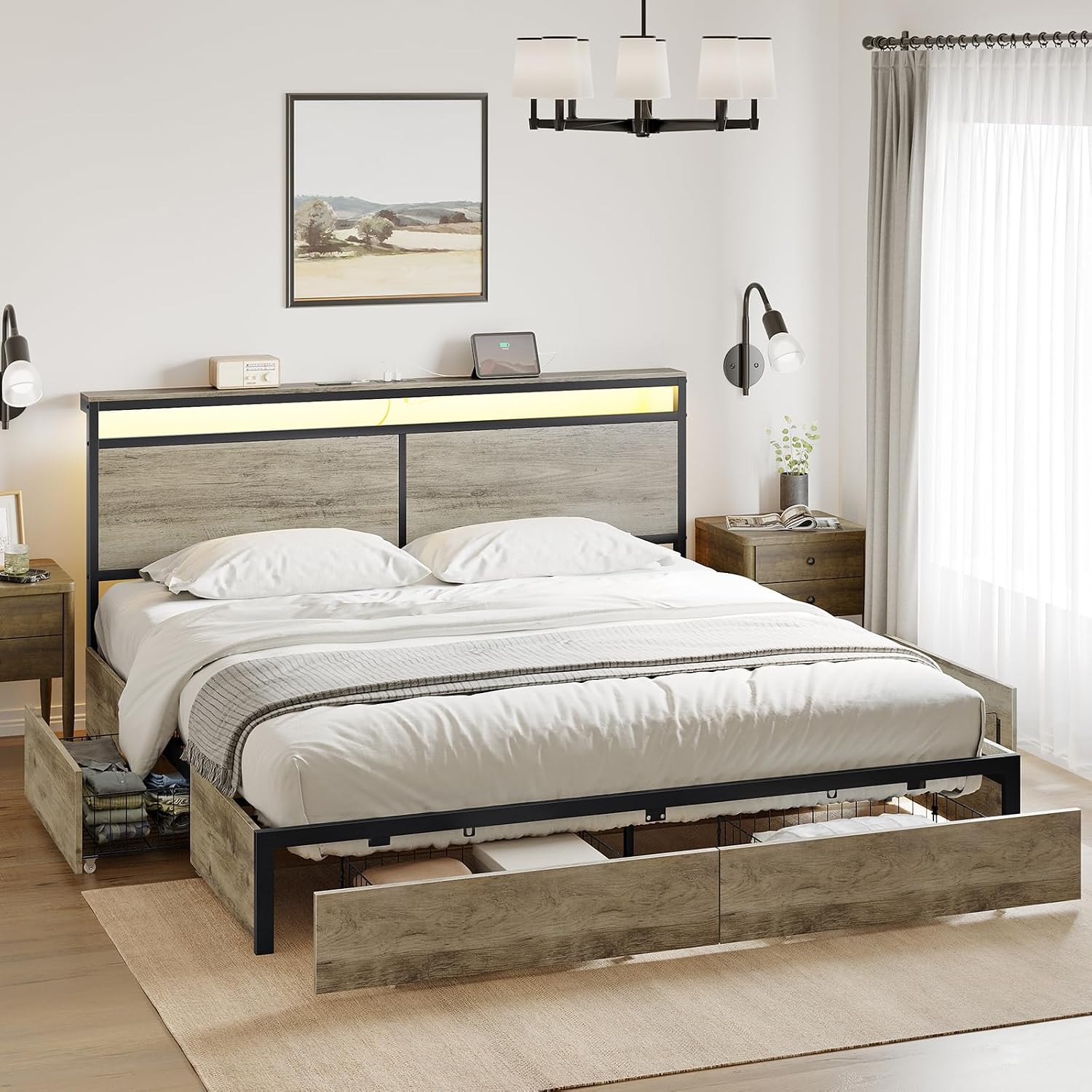 HAUSOURCE King Bed Frame with 4 Storage Drawers Metal Platform Bed Frame King Size with Headboard Charging Station LED Lights Non-Slip Without Noise No Box Spring Needed