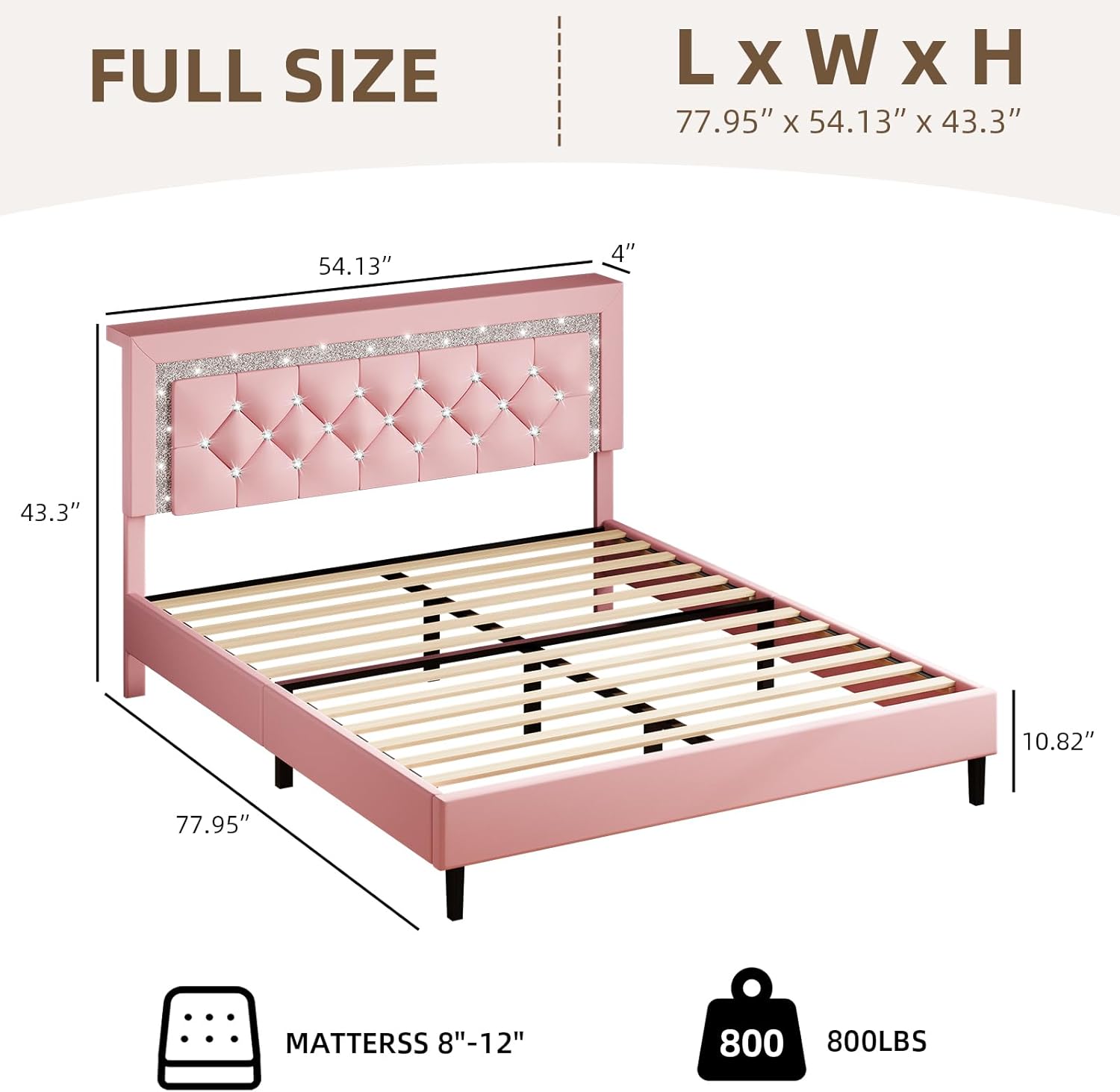 BarnFurin Full Size Bed Frame with Storage Headboard, Full Size Bed Frame with Headboard Diamond Tufted and LED Lights, Wooden Slats Support, Noise Free, No Box Spring Needed, Easy Assembly, Pink