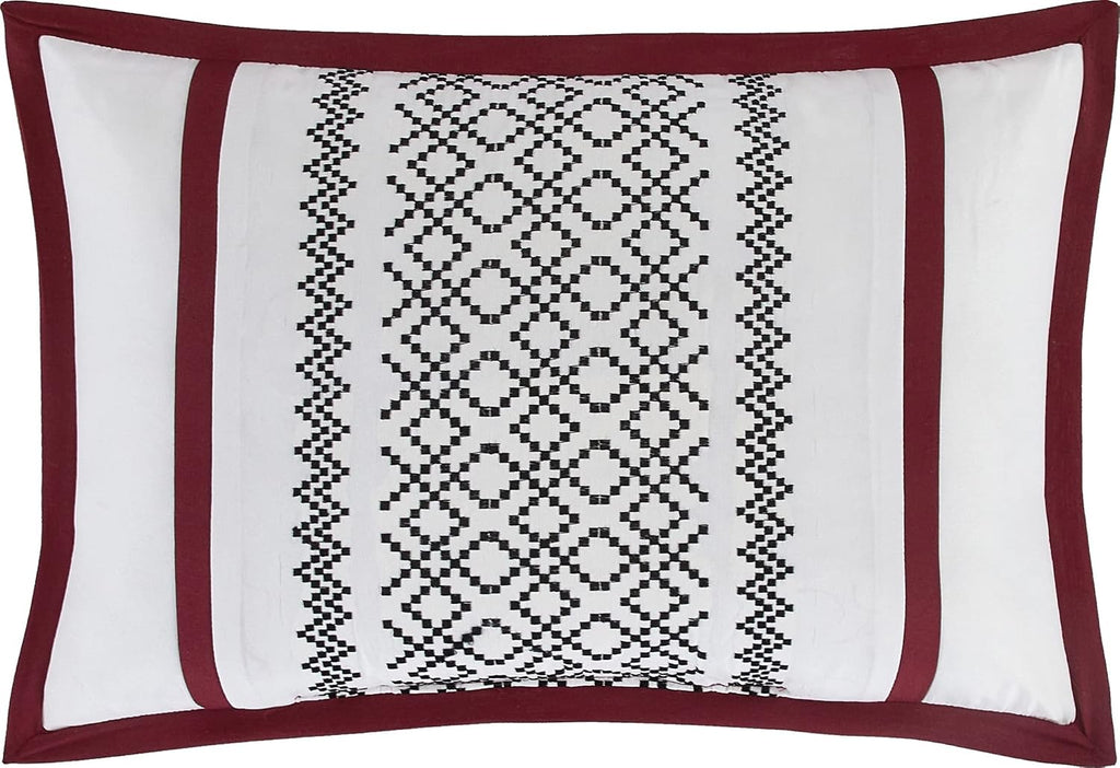 Grand Avenue White Red Comforter Set King Size, 7 Piece Terry Embroidery All Season Bedding Set, Bedskirt, Pillows & Shams