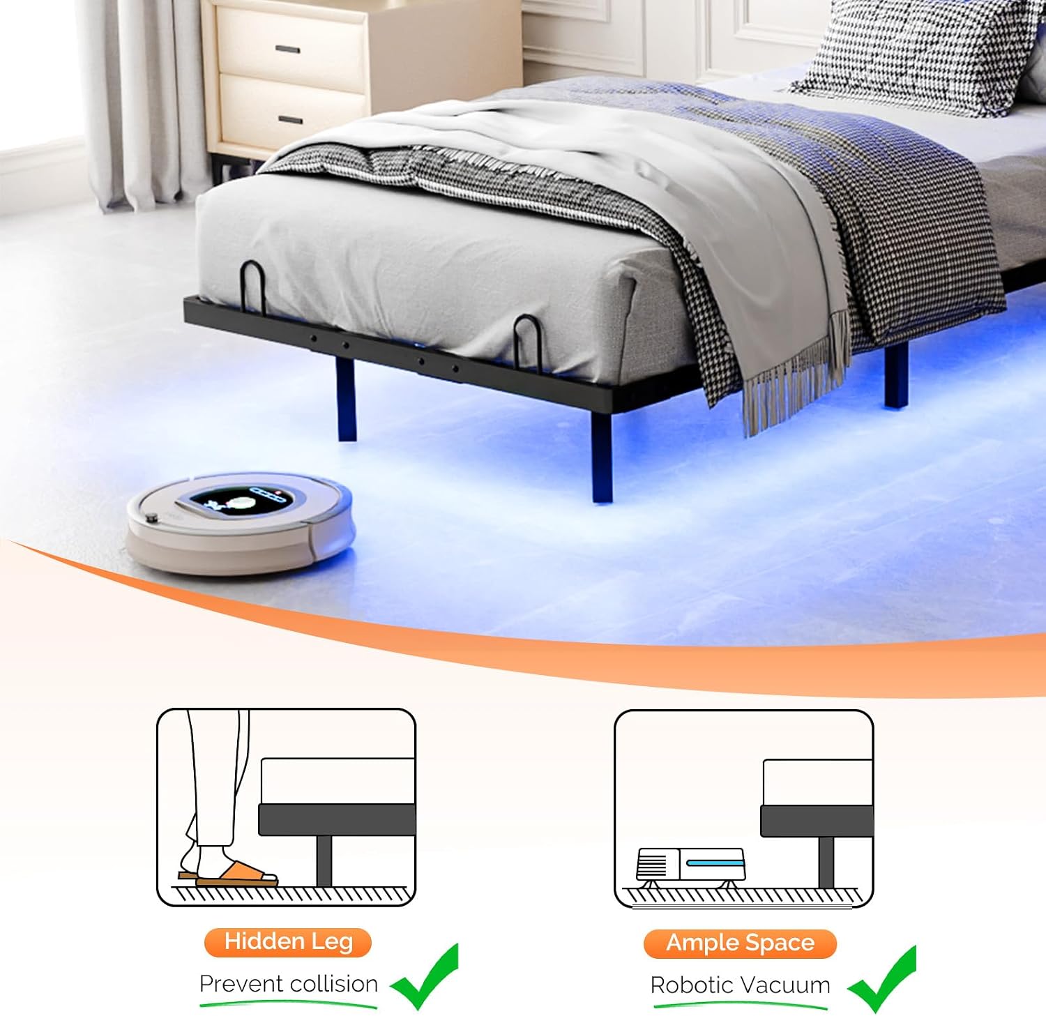 VINGLI Twin Floating Bed Frame with Headboard Heavy Duty Metal Frame, Storage Shelf, LED Lights Charging Station, Modern Platform Bed, Adjustable Headboard, No Box Spring Needed, Grey
